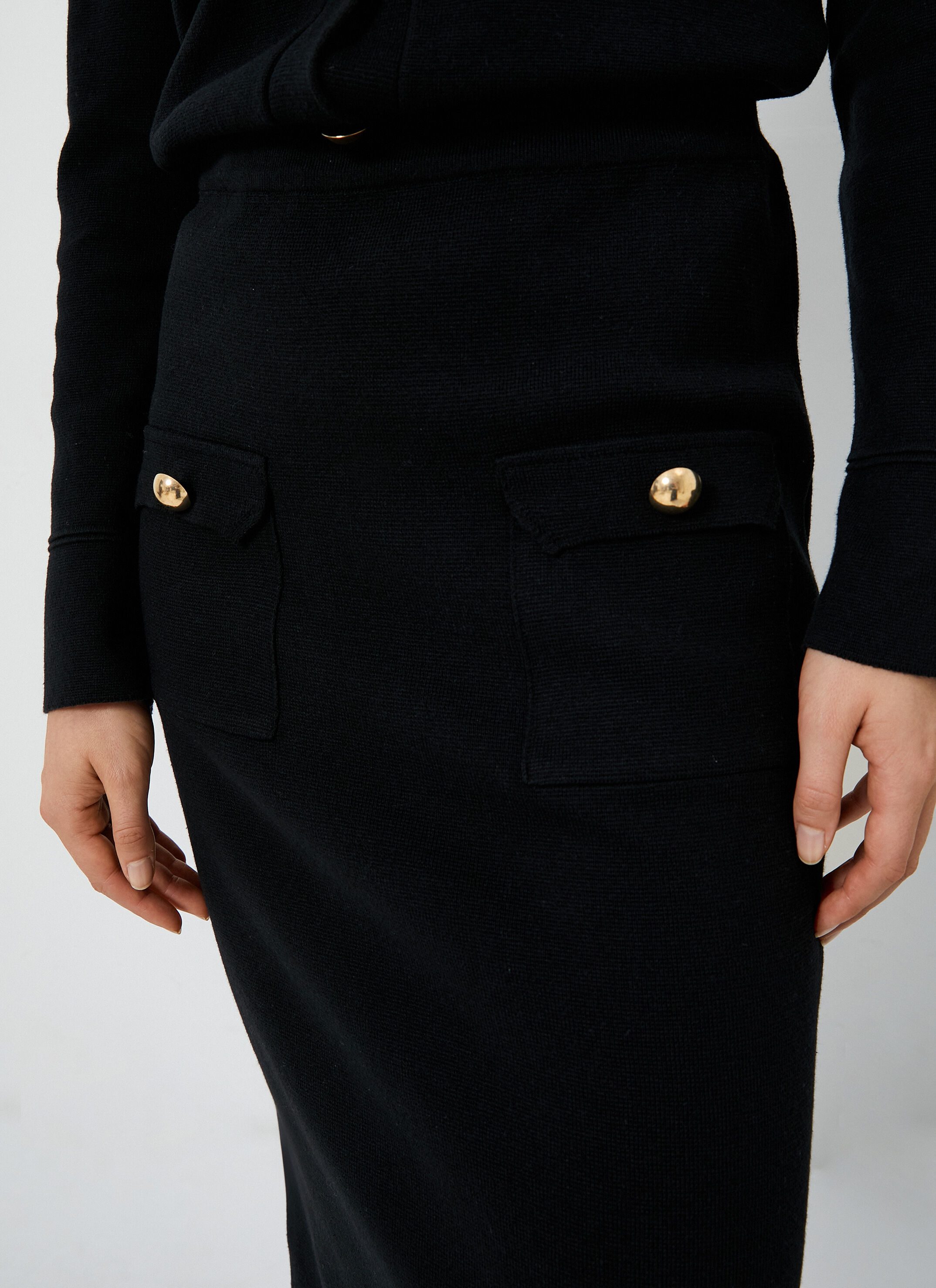   Midi Triko Etek Cepli Düğmeli Standart Bel