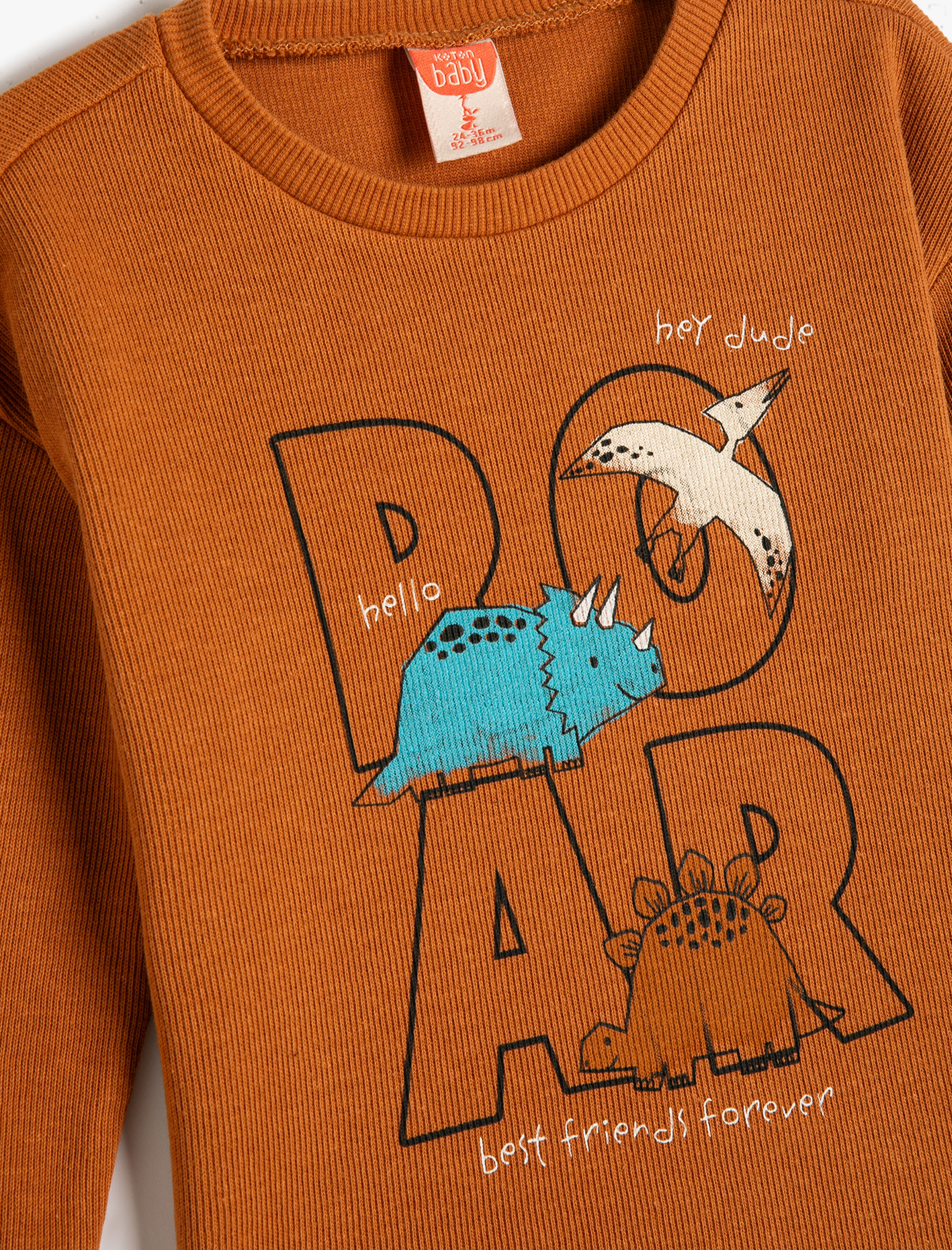  Erkek Bebek Sweatshirt Dinozor Baskılı Bisiklet Yaka Uzun Kollu Dokulu Pamuklu