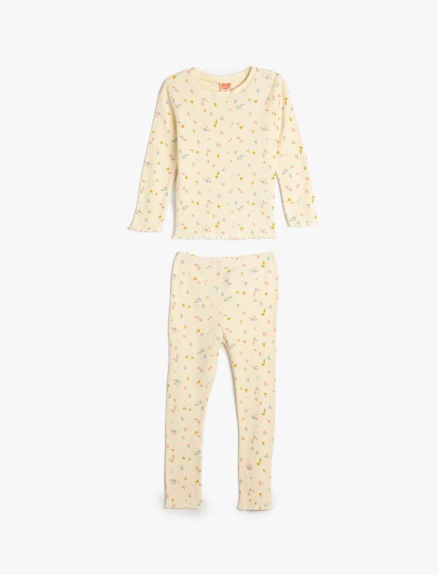  Kız Bebek Pamuklu Pijama Takımı Çiçek Desenli Uzun Kollu Tişört ve Beli Lastikli Pijama Altı 2 Parça
