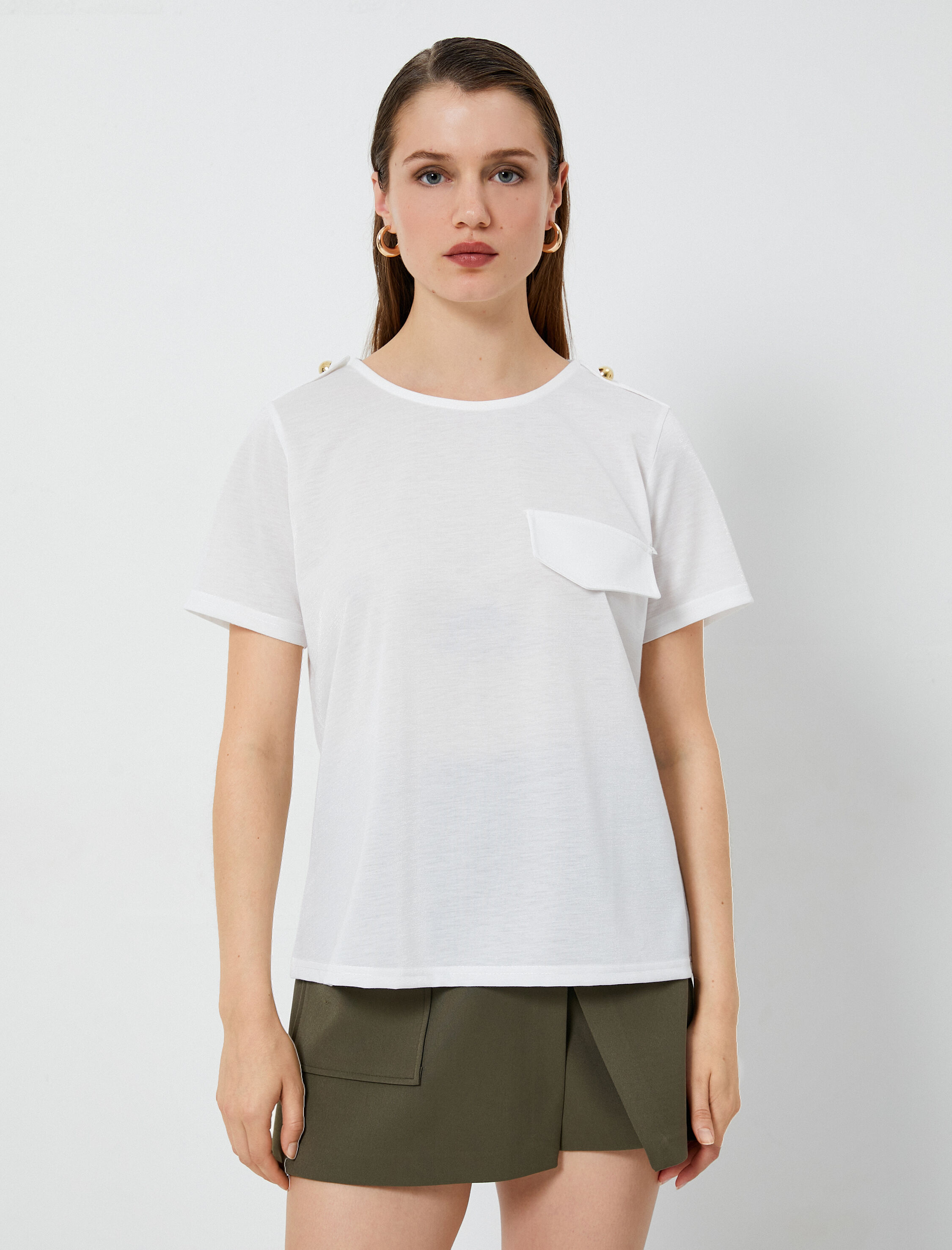   Kısa Kollu Tişört Bisiklet Yaka Apolet Detaylı