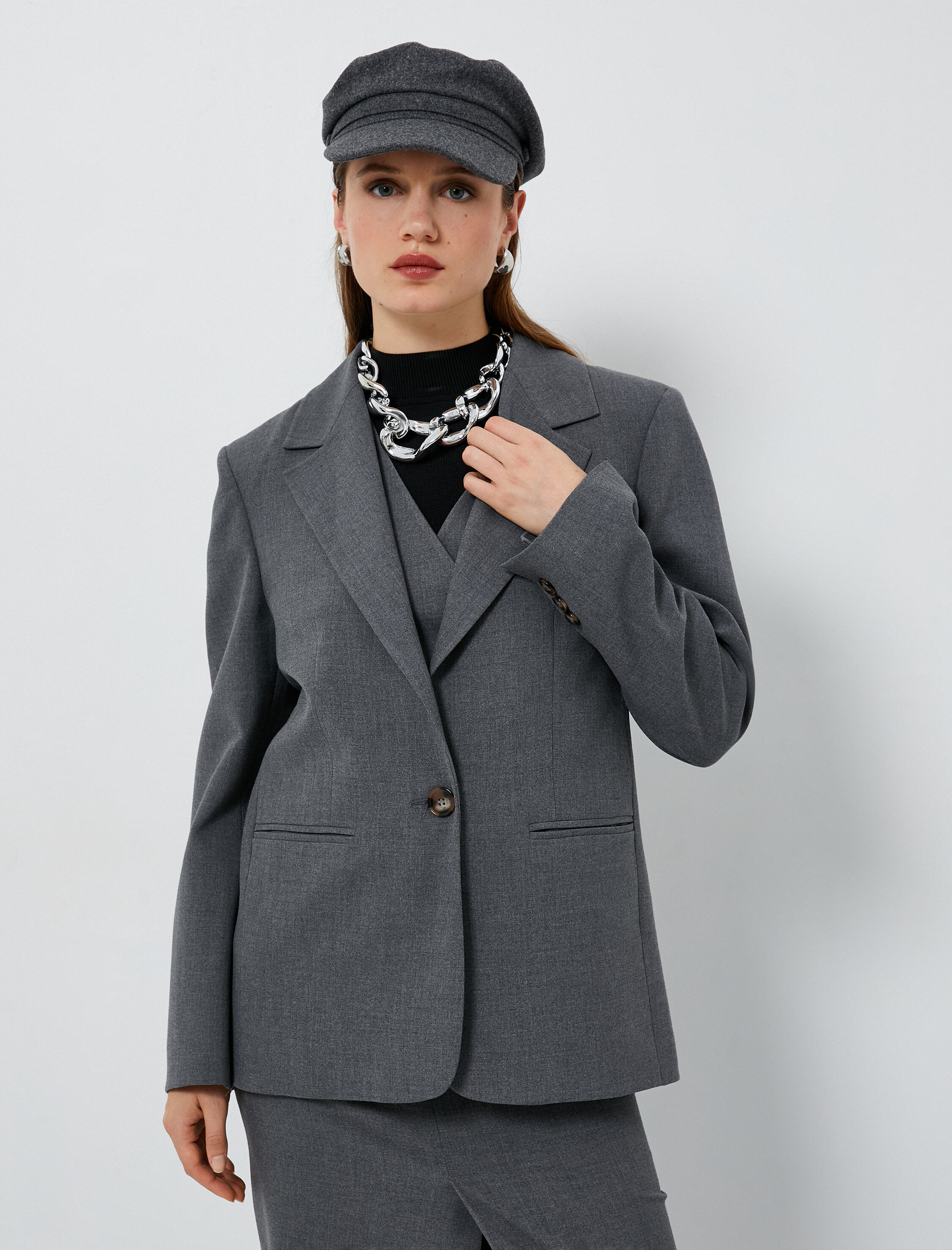 Oversize Blazer Ceket Tek Düğmeli Cep Detaylı