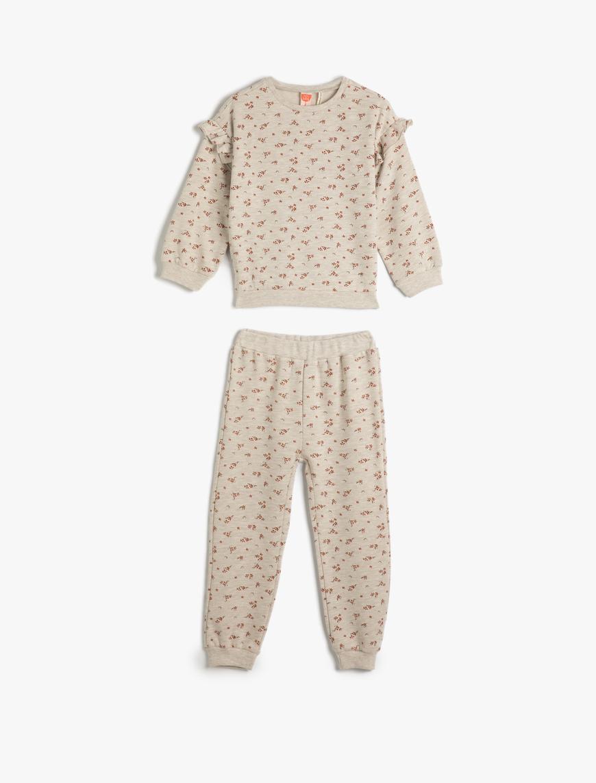  Kız Bebek Eşofman Takımı Çiçek Desenli Uzun Kollu Tişört ve Beli Lastikli Pijama Altı 2 Parça