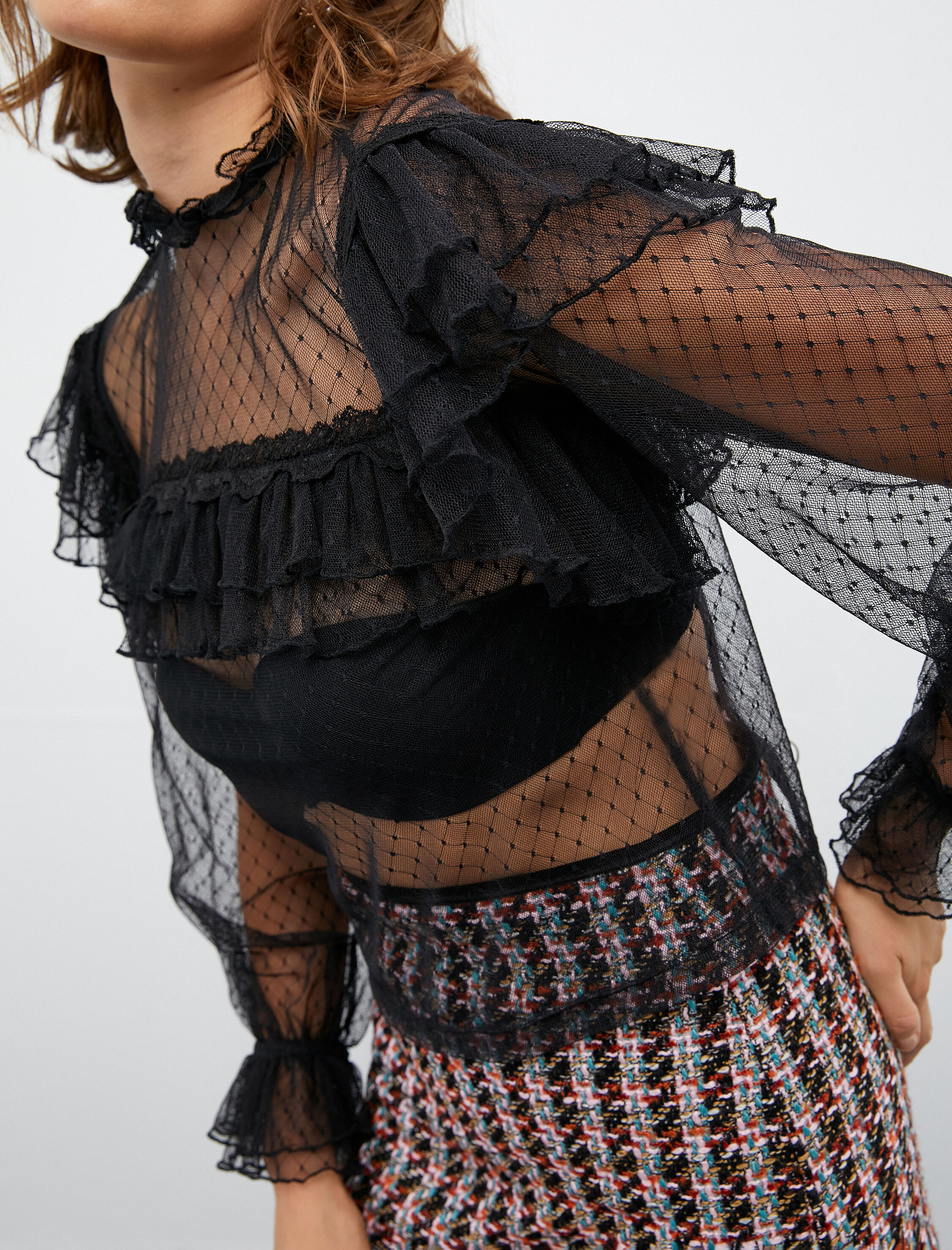   Melis Ağazat X Koton - Transparan Dantelli Fırfırlı Bluz