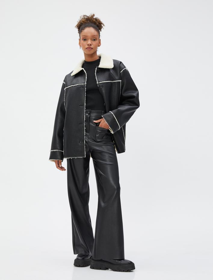  Deri Görünümlü Ceket Suni Kürk Detaylı Düğmeli