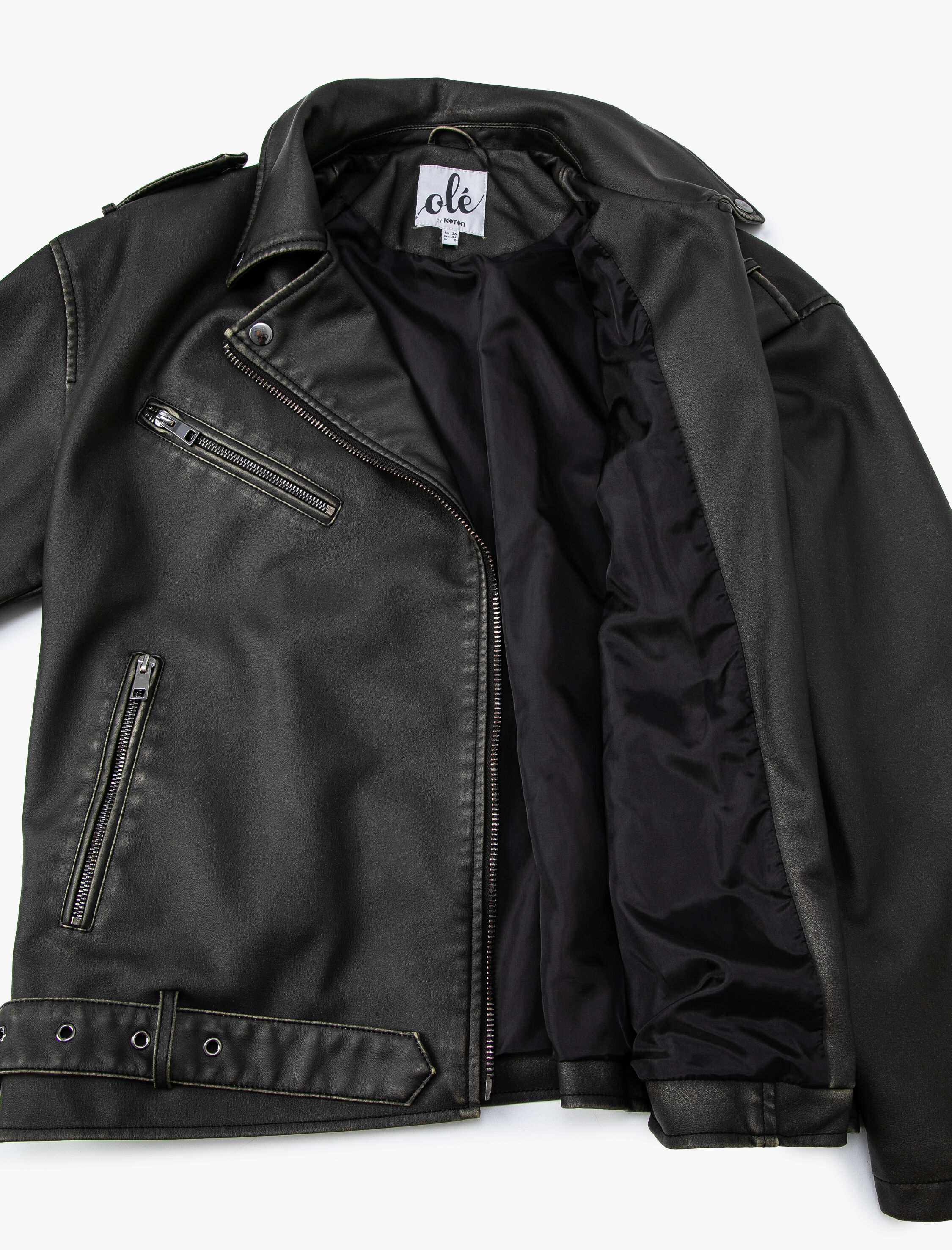   Biker Ceket Deri Görünümlü Fermuarlı Cep Detaylı Kemerli