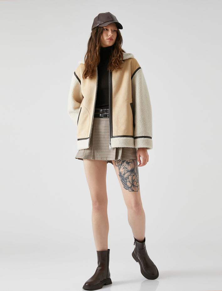  Pilot Ceket Süet Görünümlü Suni Kürk Detaylı Kemerli