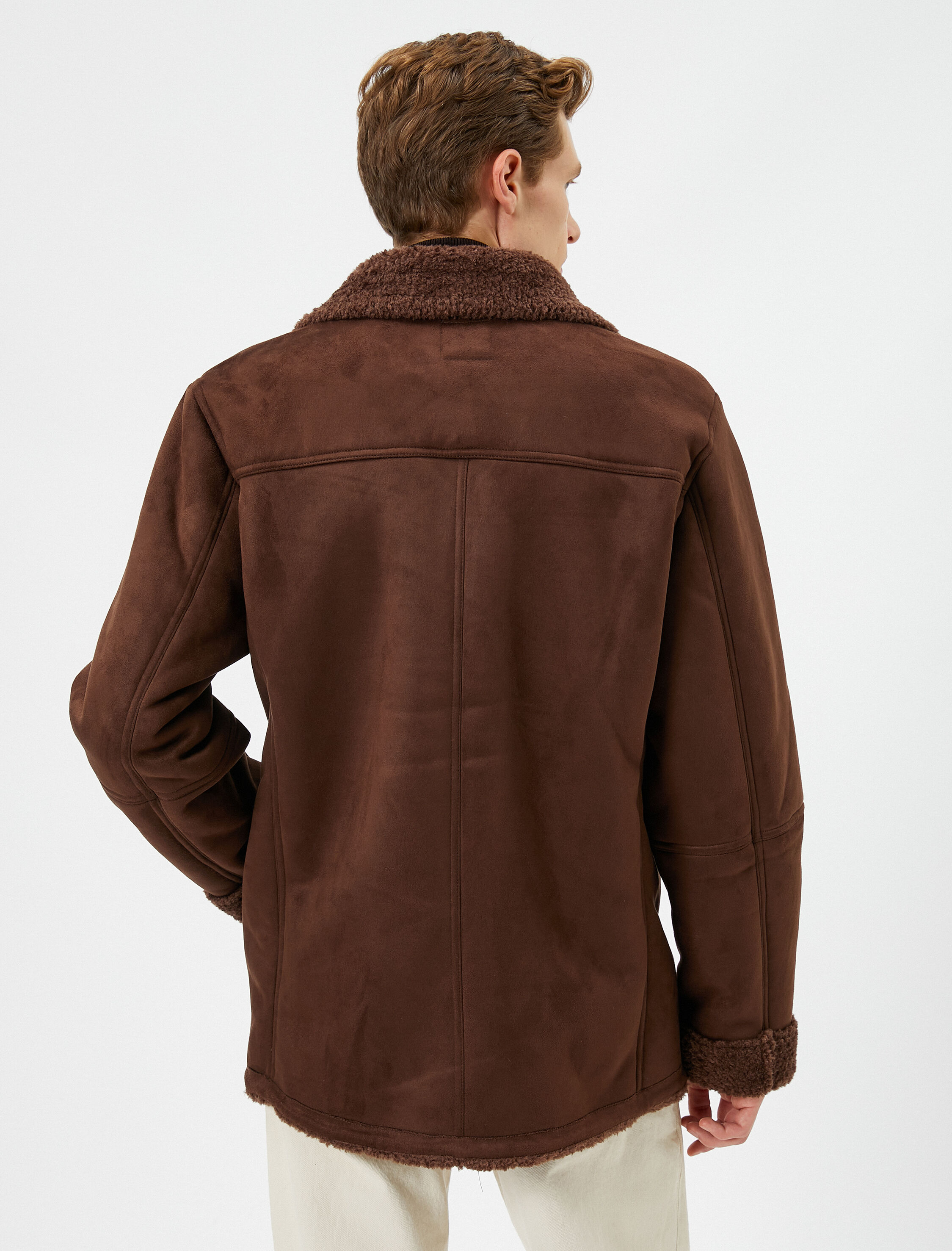   Süet Görünümlü Ceket Kruvaze Yaka İçi Peluşlu Düğmeli Cepli