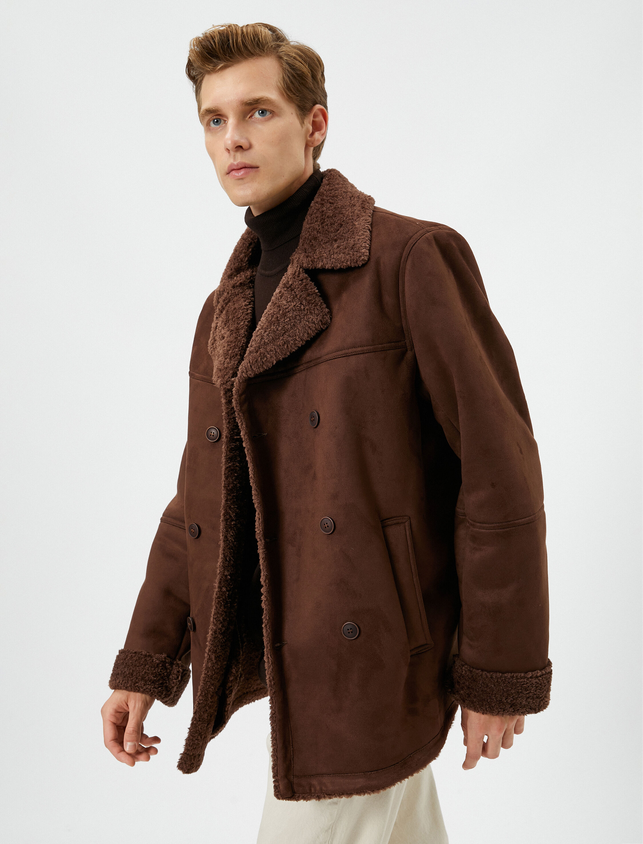   Süet Görünümlü Ceket Kruvaze Yaka İçi Peluşlu Düğmeli Cepli