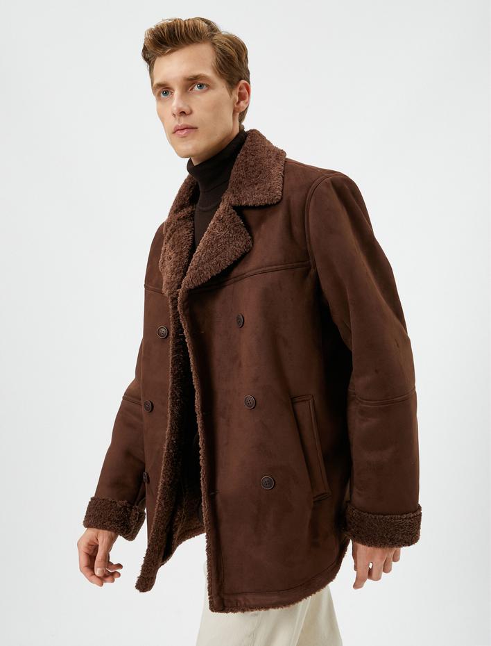  Süet Görünümlü Ceket Kruvaze Yaka İçi Peluşlu Düğmeli Cepli