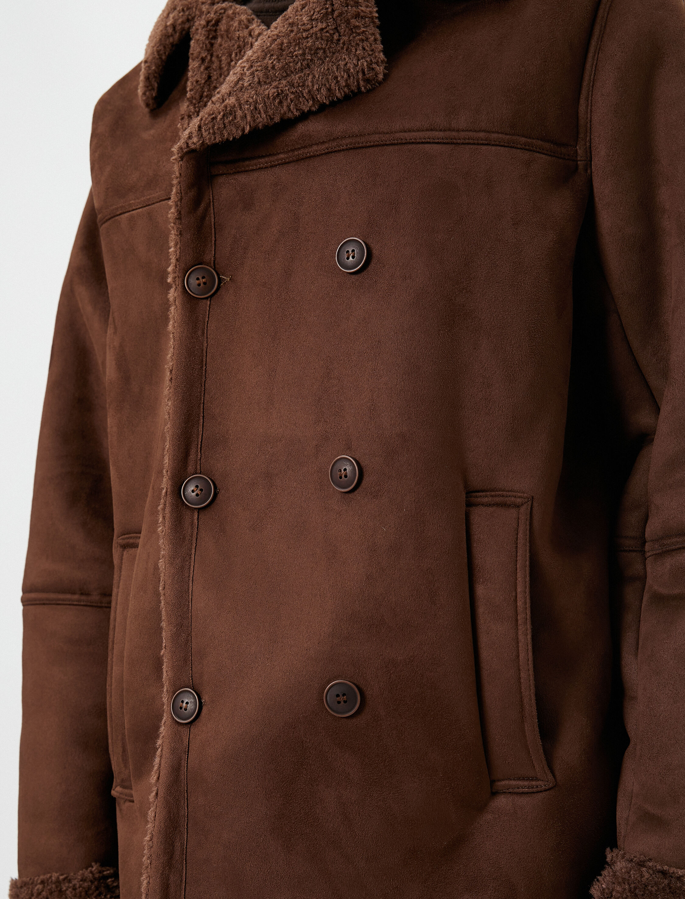   Süet Görünümlü Ceket Kruvaze Yaka İçi Peluşlu Düğmeli Cepli