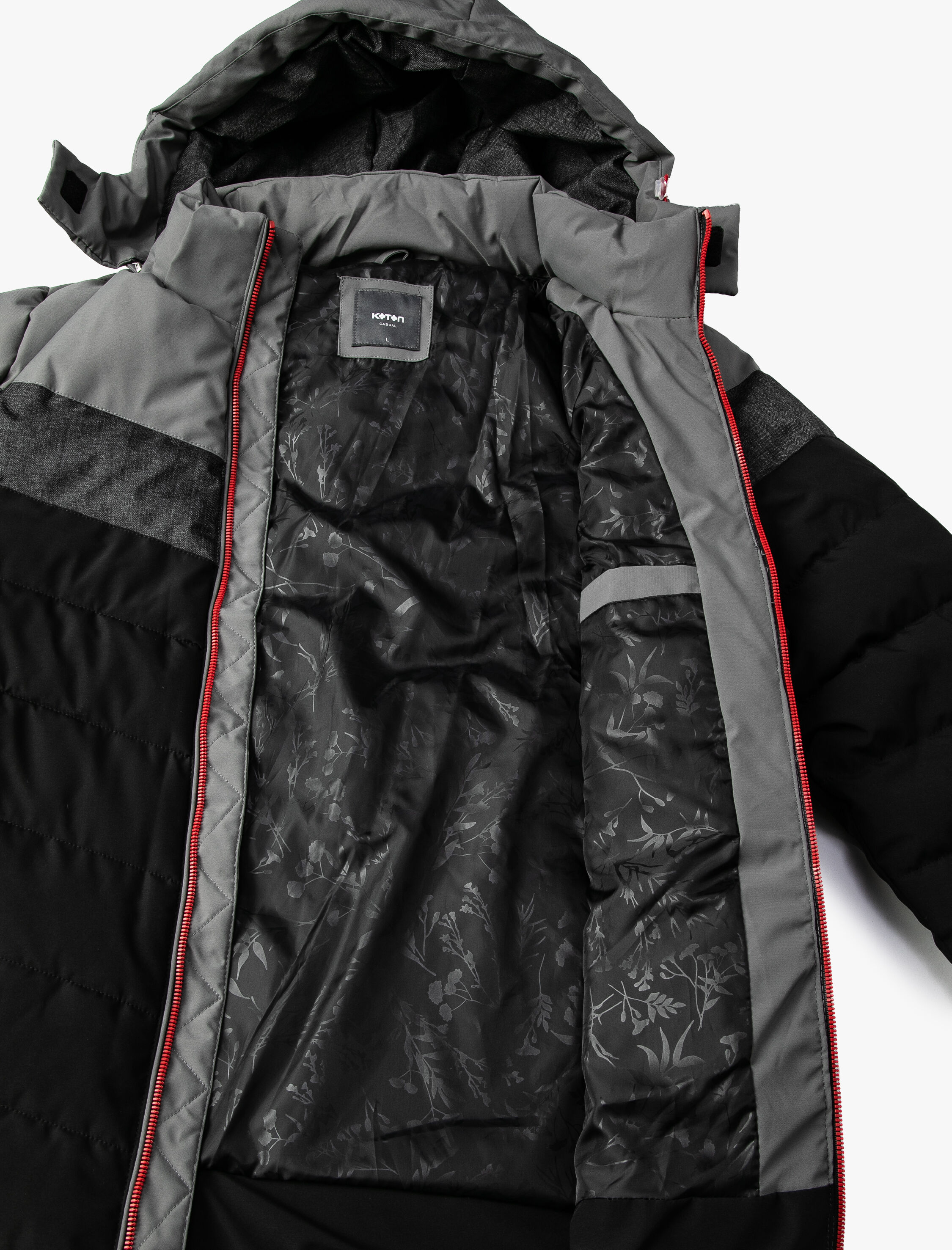   Şişme Mont Kapşonlu Baskılı Renk Bloklu Fermuarlı Cepli