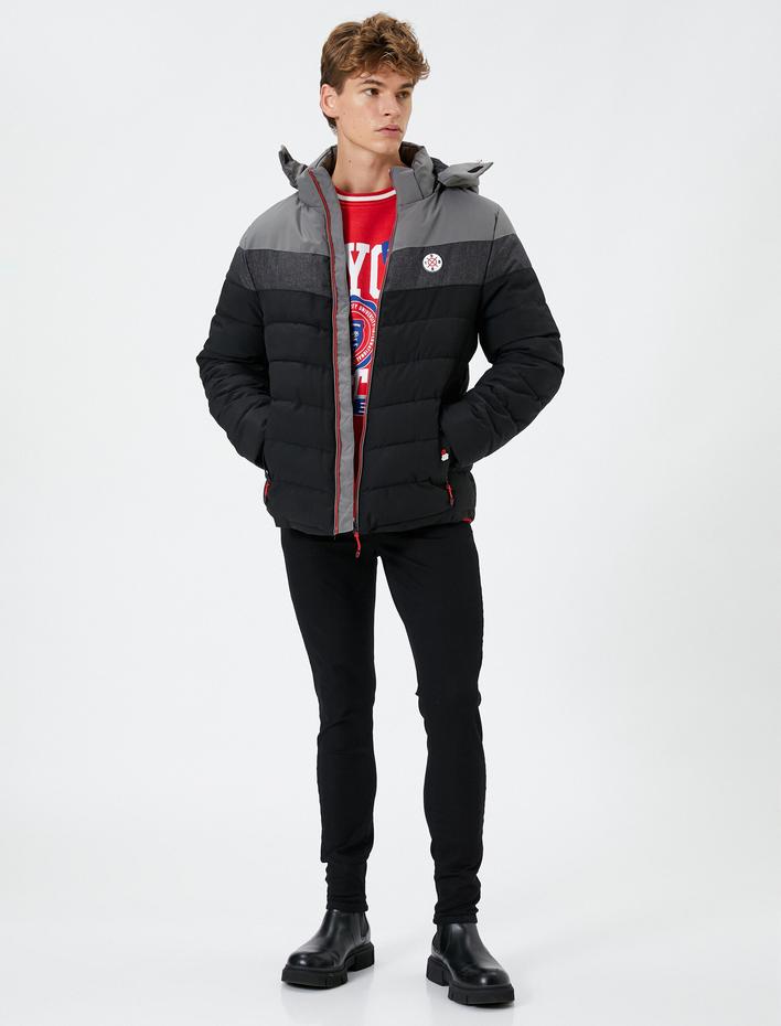  Şişme Mont Kapşonlu Baskılı Renk Bloklu Fermuarlı Cepli