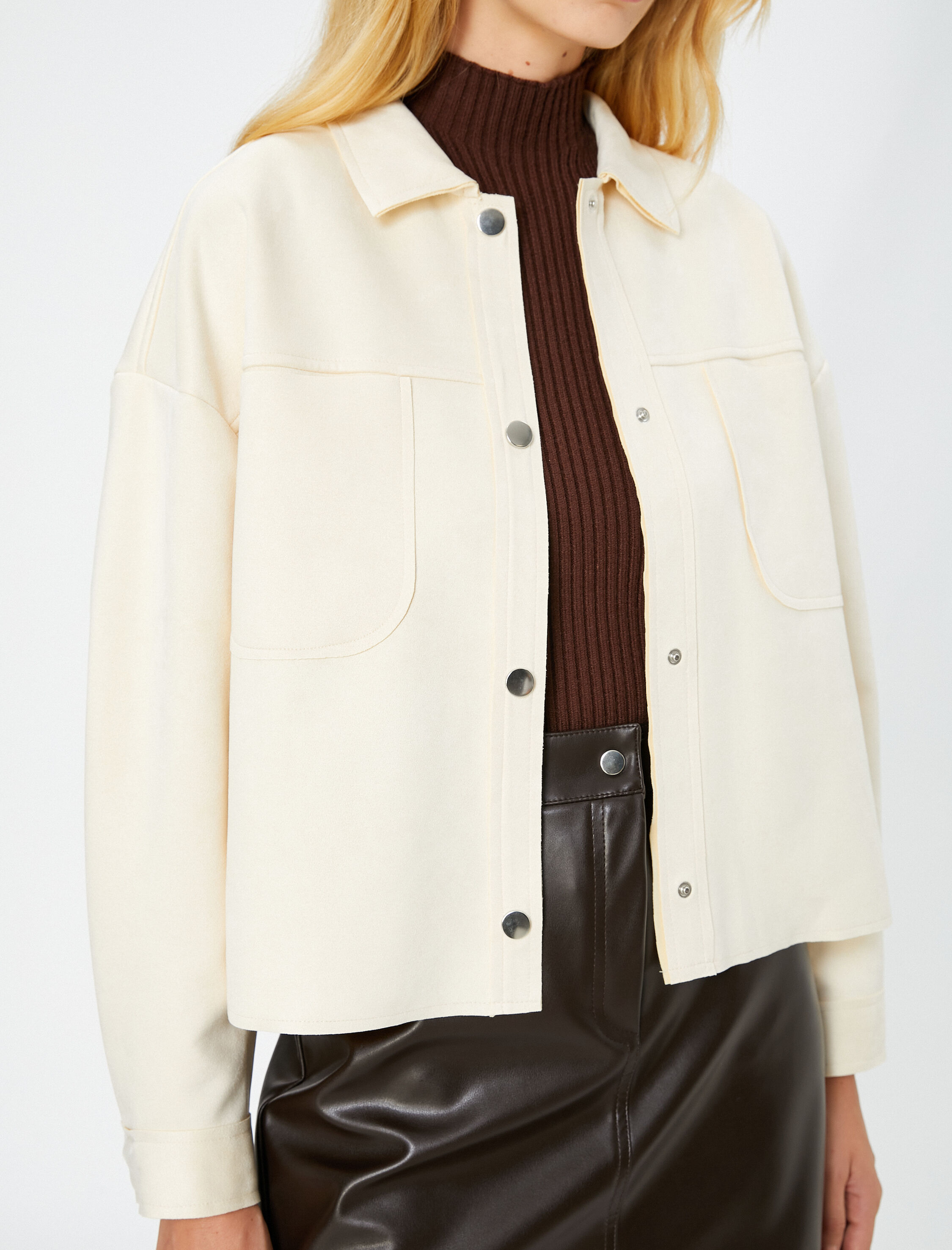   Süet Görünümlü Ceket Cep Detaylı Gömlek Yaka Çıtçıtlı