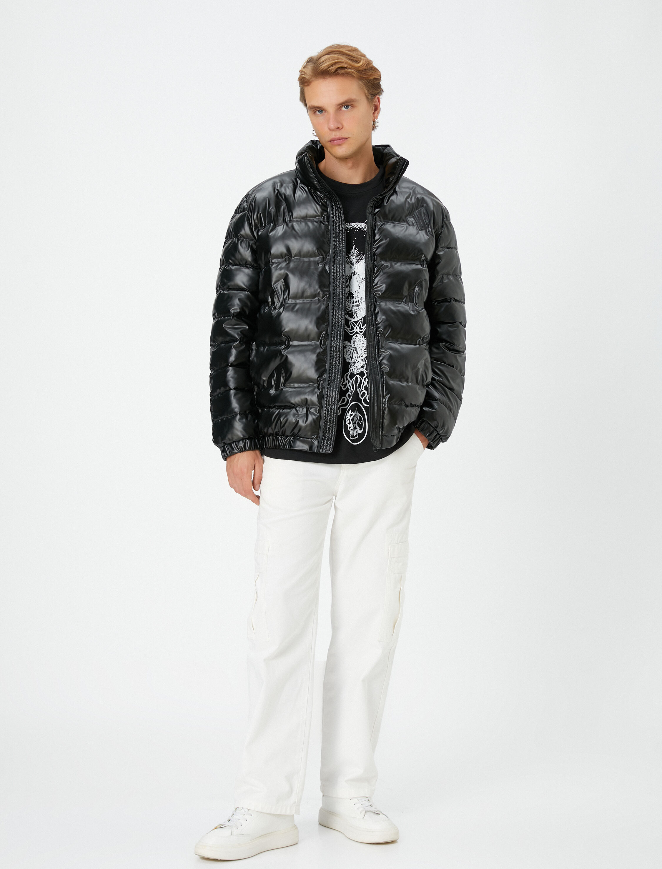   Şişme Mont Deri Görünümlü Fermuarlı Dik Yaka