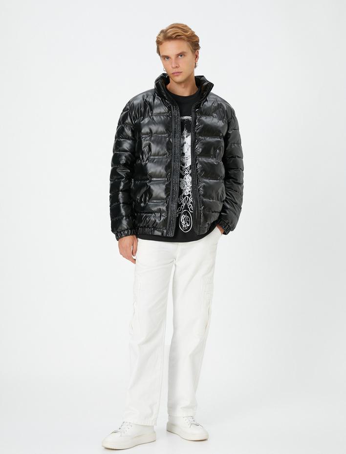  Şişme Mont Deri Görünümlü Fermuarlı Dik Yaka