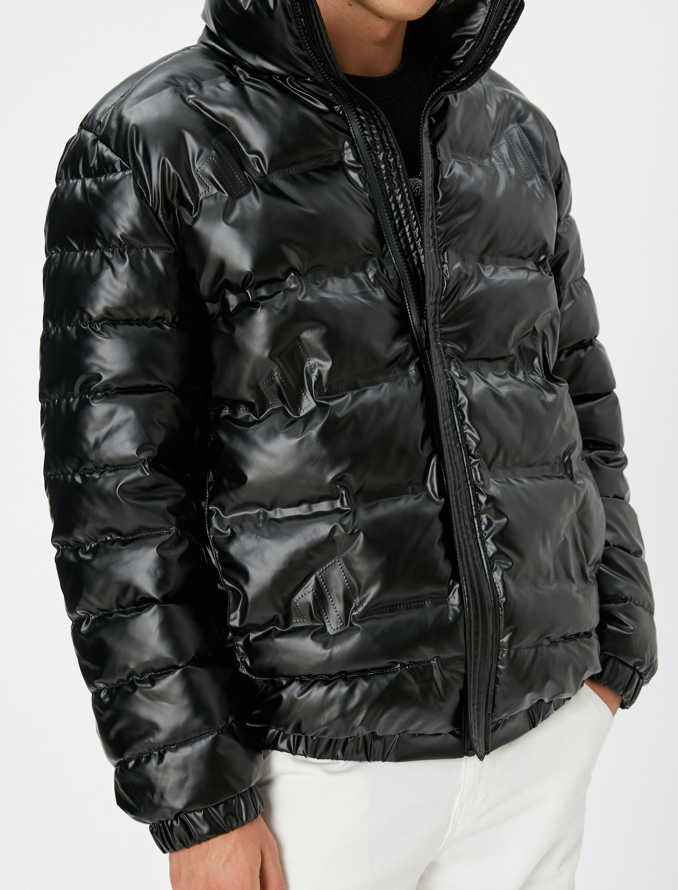   Şişme Mont Deri Görünümlü Fermuarlı Dik Yaka