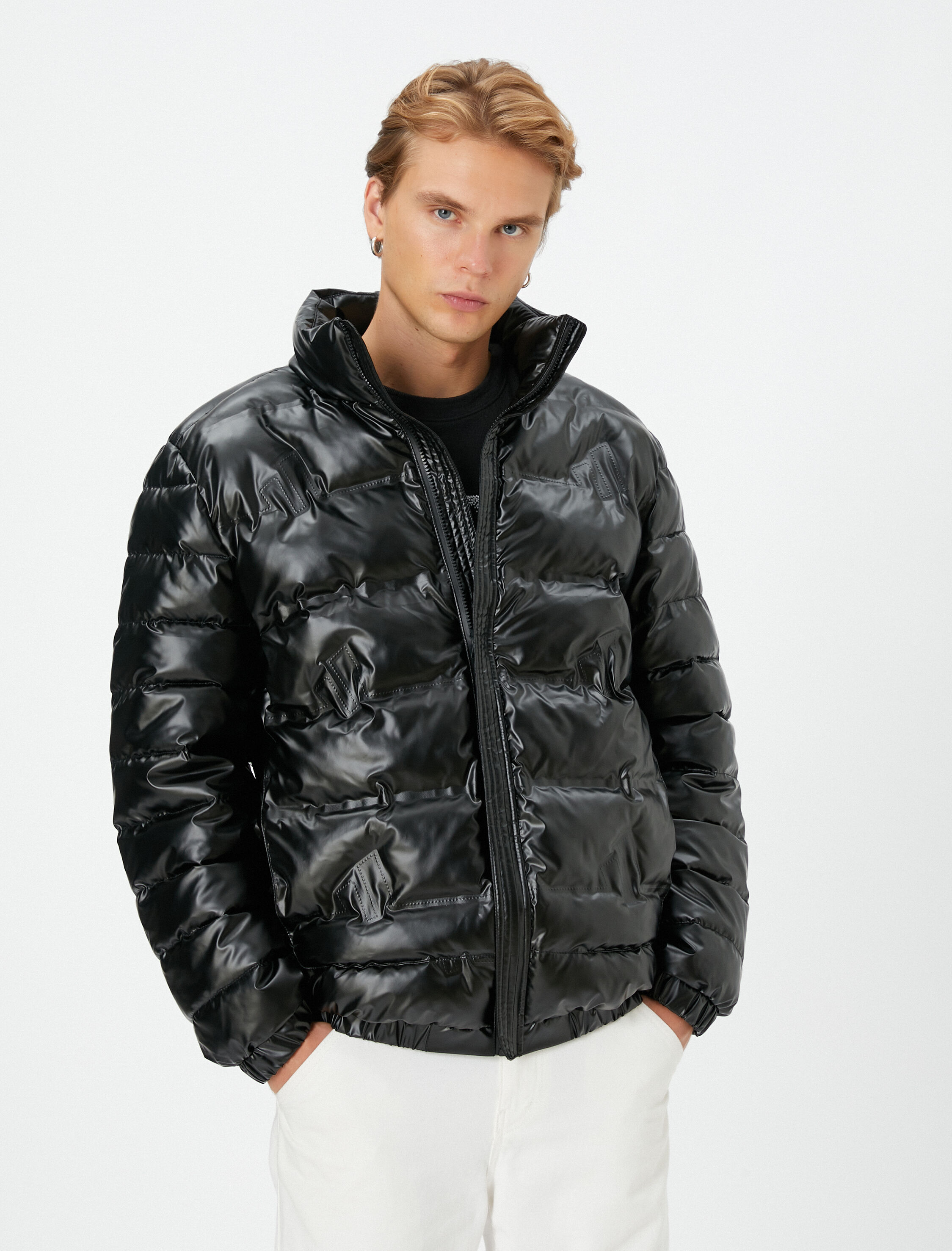   Şişme Mont Deri Görünümlü Fermuarlı Dik Yaka