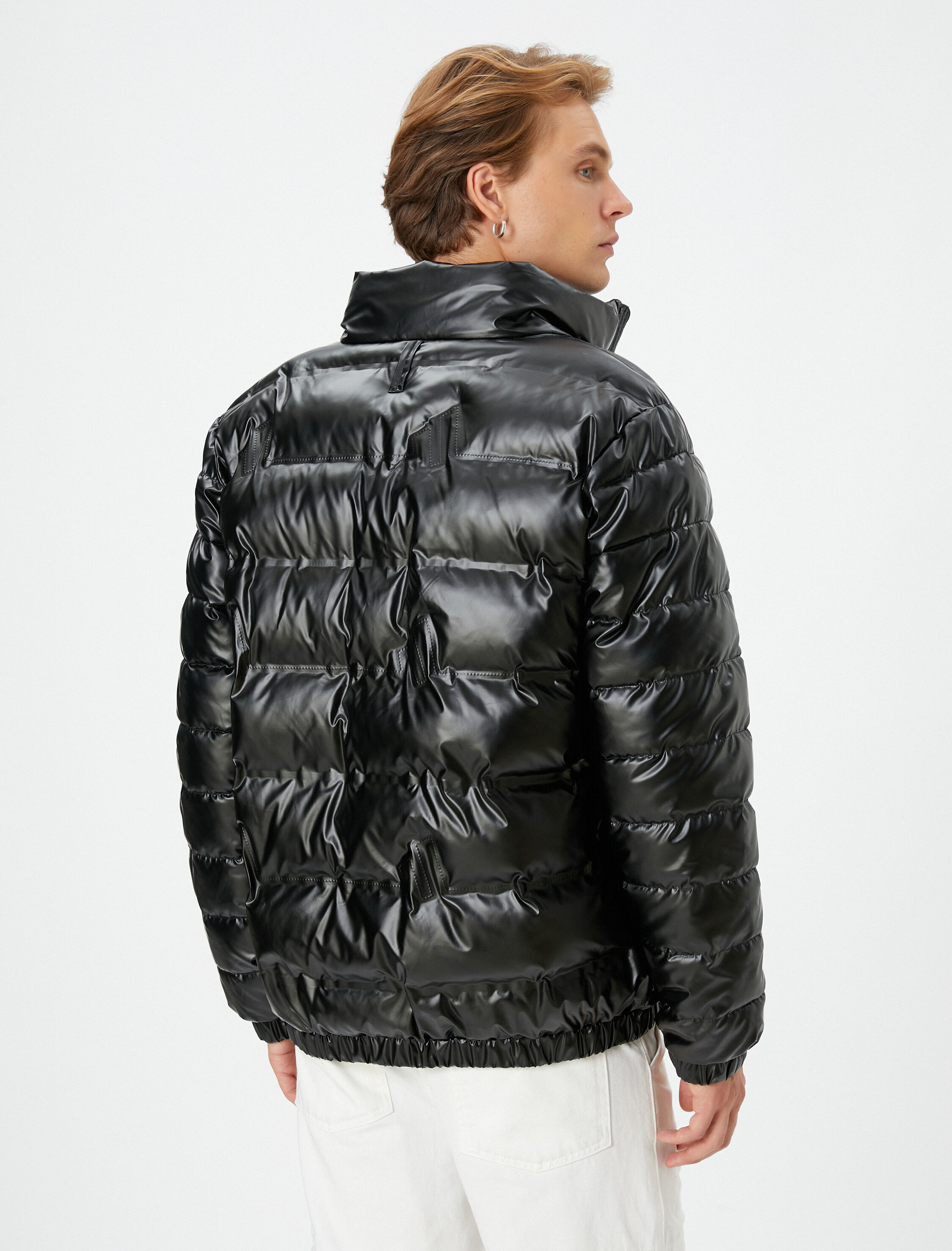   Şişme Mont Deri Görünümlü Fermuarlı Dik Yaka