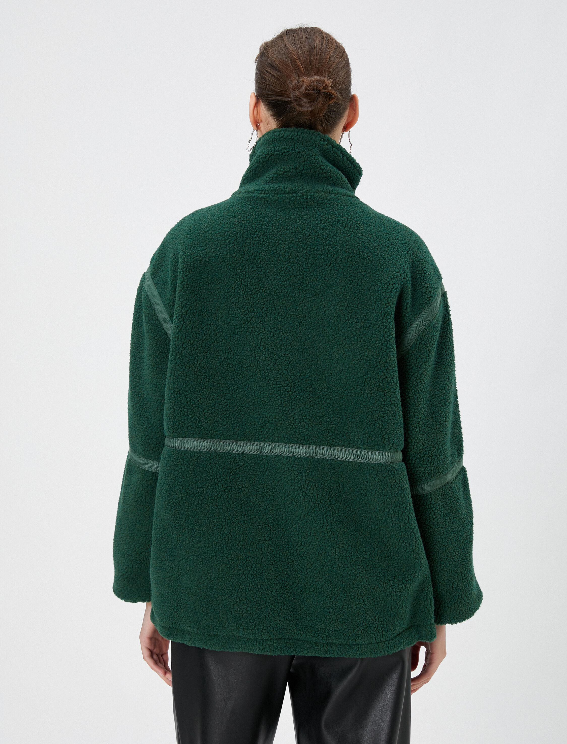 Peluş Ceket Dik Yaka Kemer Detaylı Fermuar Kapamalı