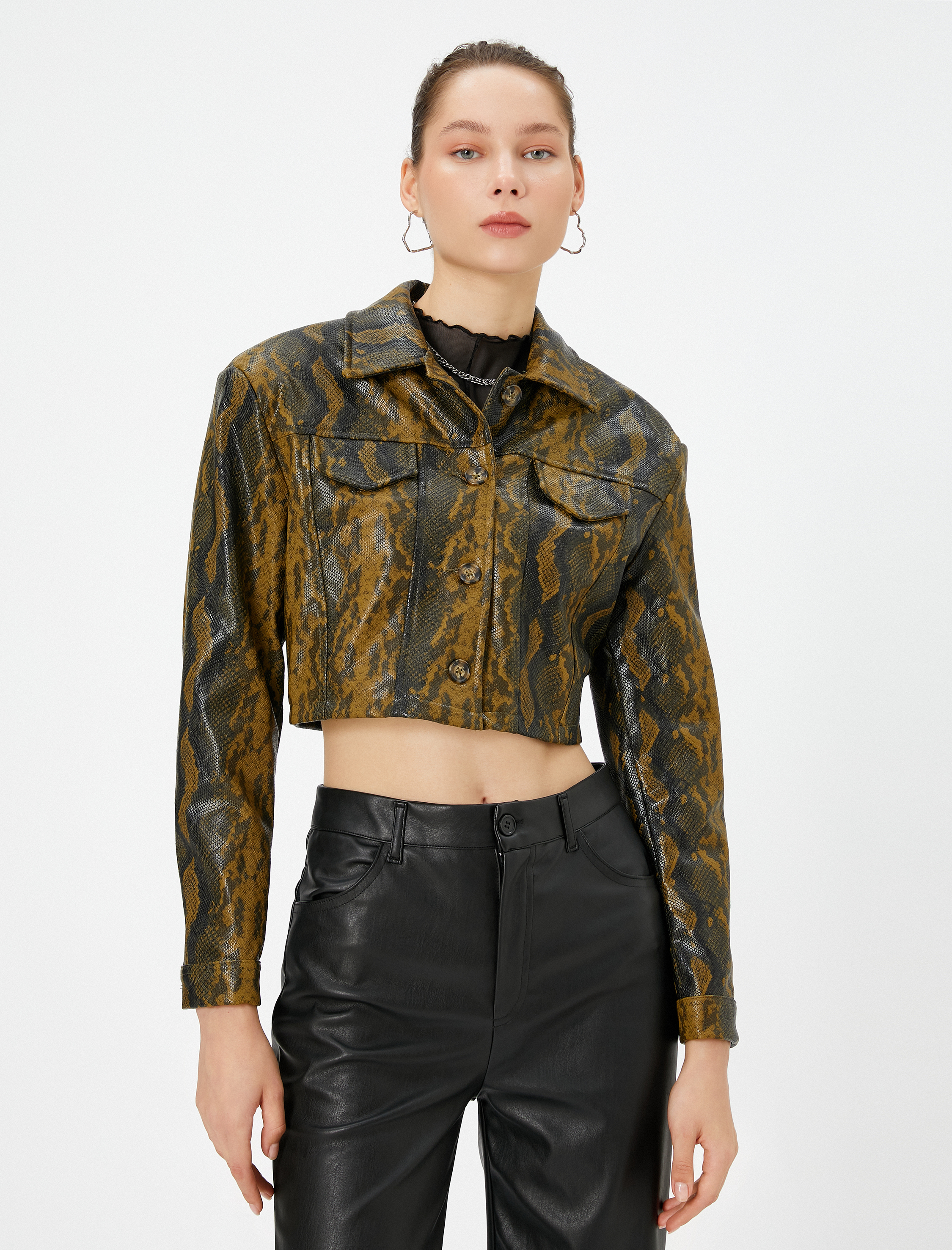   Crop Krokodil Ceket Uzun Kollu Düğmeli Kapaklı Cep Detaylı