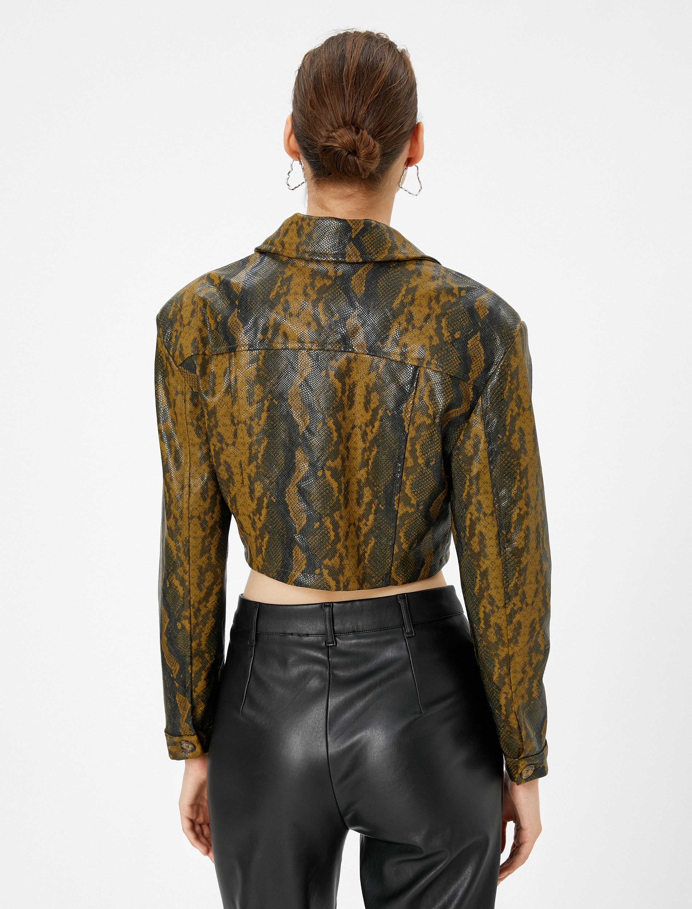   Crop Krokodil Ceket Uzun Kollu Düğmeli Kapaklı Cep Detaylı