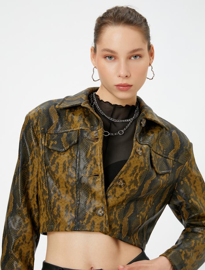  Crop Krokodil Ceket Uzun Kollu Düğmeli Kapaklı Cep Detaylı