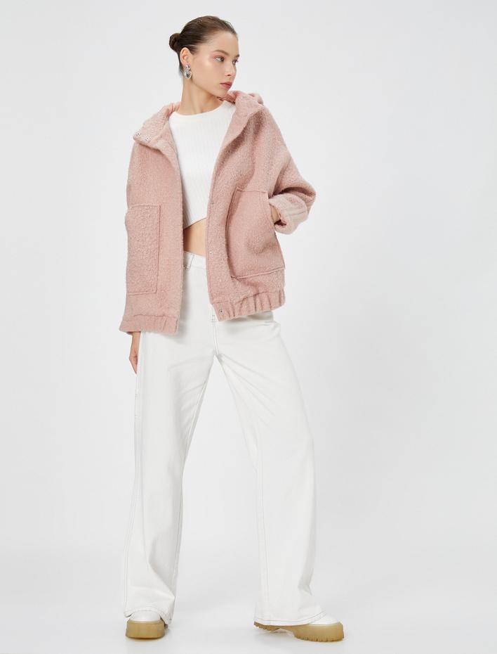  Peluş Bomber Ceket Oversize Kapüşonlu Cepli