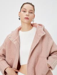 Peluş Bomber Ceket Oversize Kapüşonlu Cepli