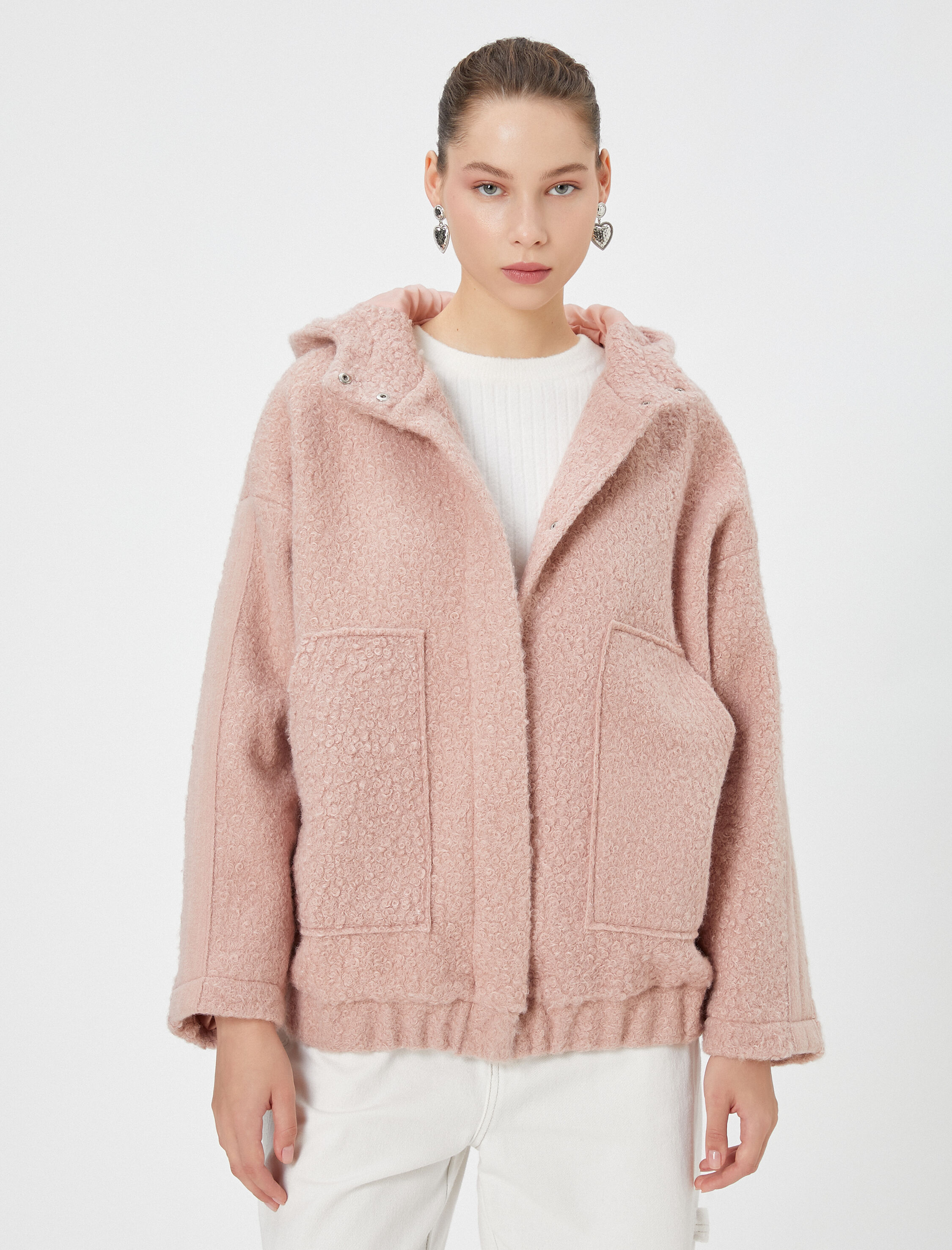   Peluş Bomber Ceket Oversize Kapüşonlu Cepli