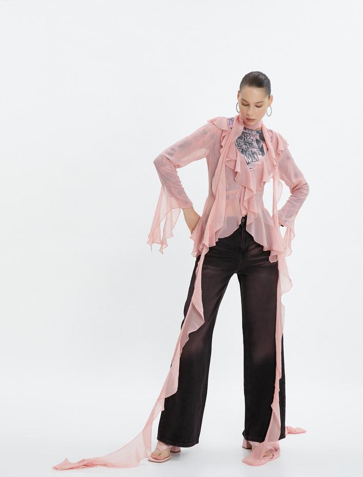  Tül Fırfırlı Bluz Dökümlü Uzun Kollu  V Yaka