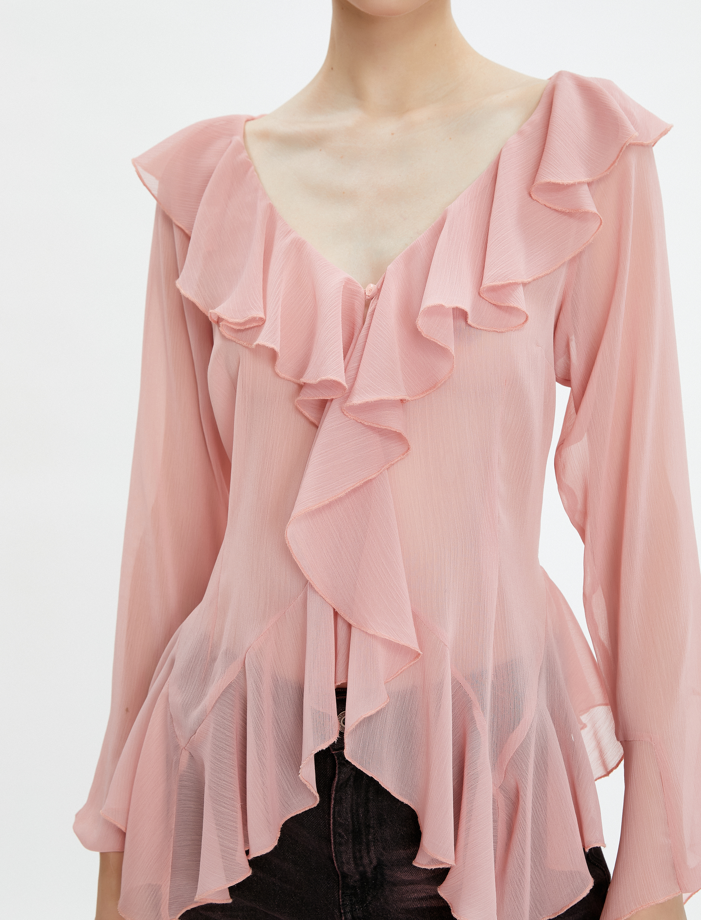   Tül Fırfırlı Bluz Dökümlü Uzun Kollu  V Yaka