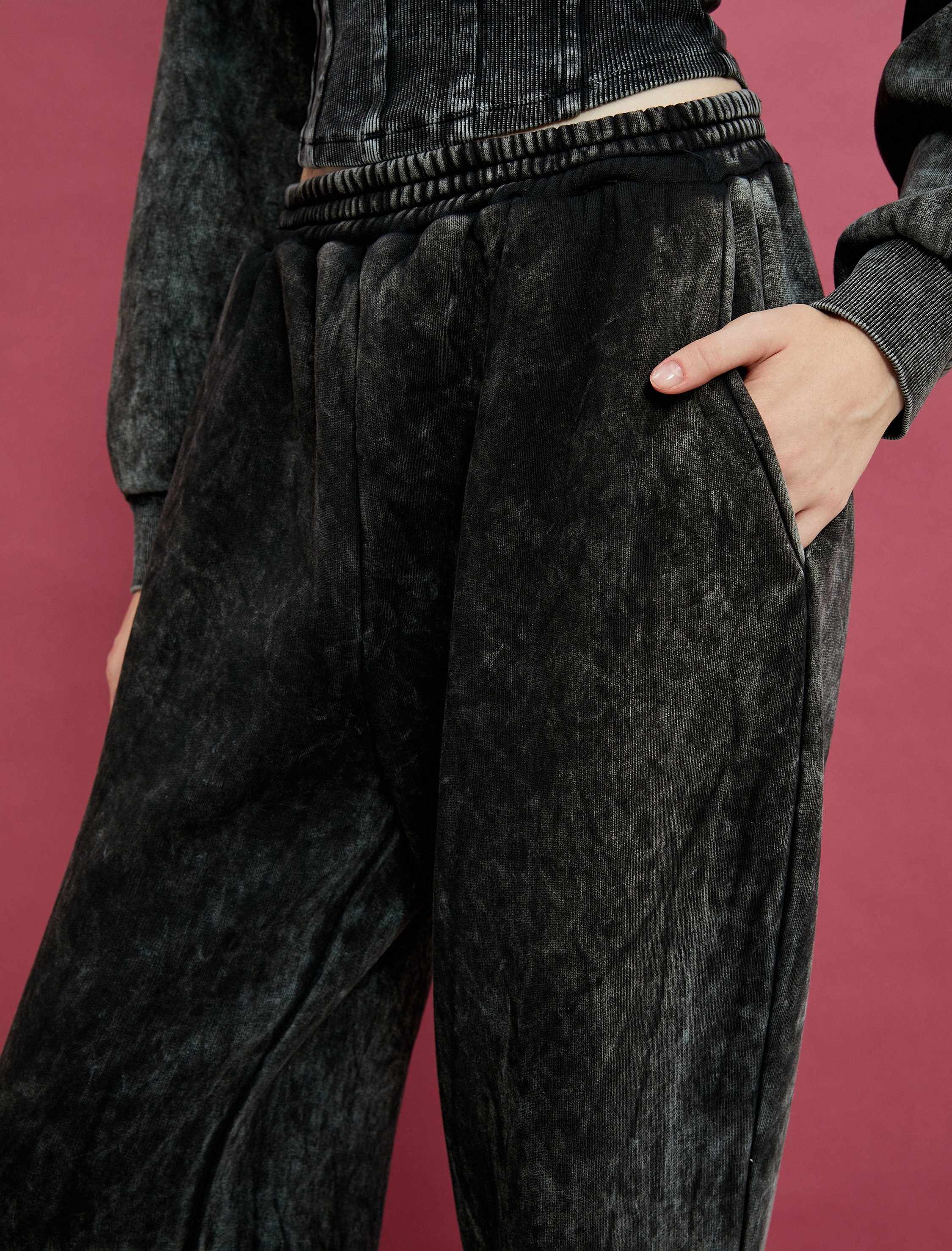   Soluk Efektli Eşofman Altı Düz Bol Paça Cepli Şardonlu