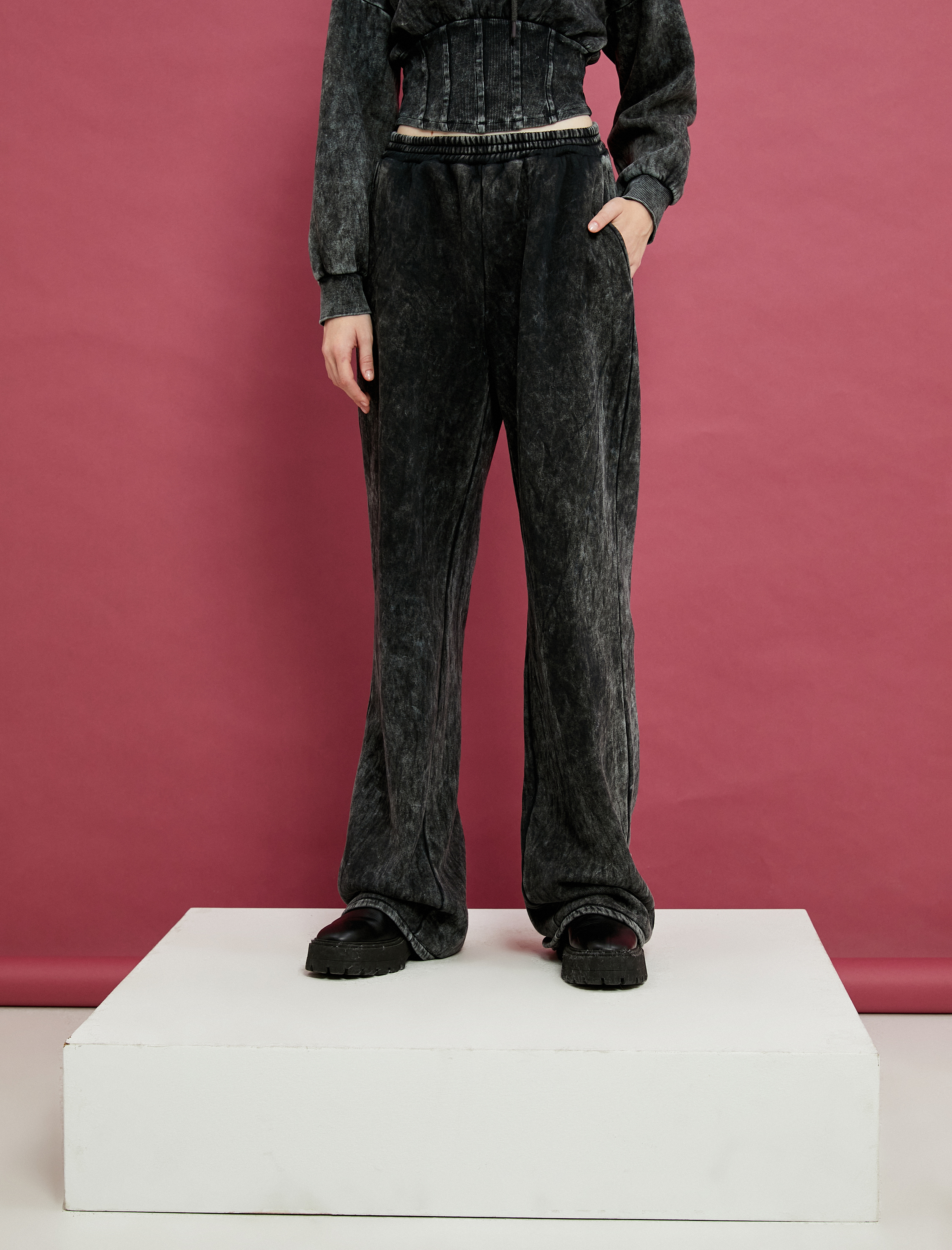   Soluk Efektli Eşofman Altı Düz Bol Paça Cepli Şardonlu