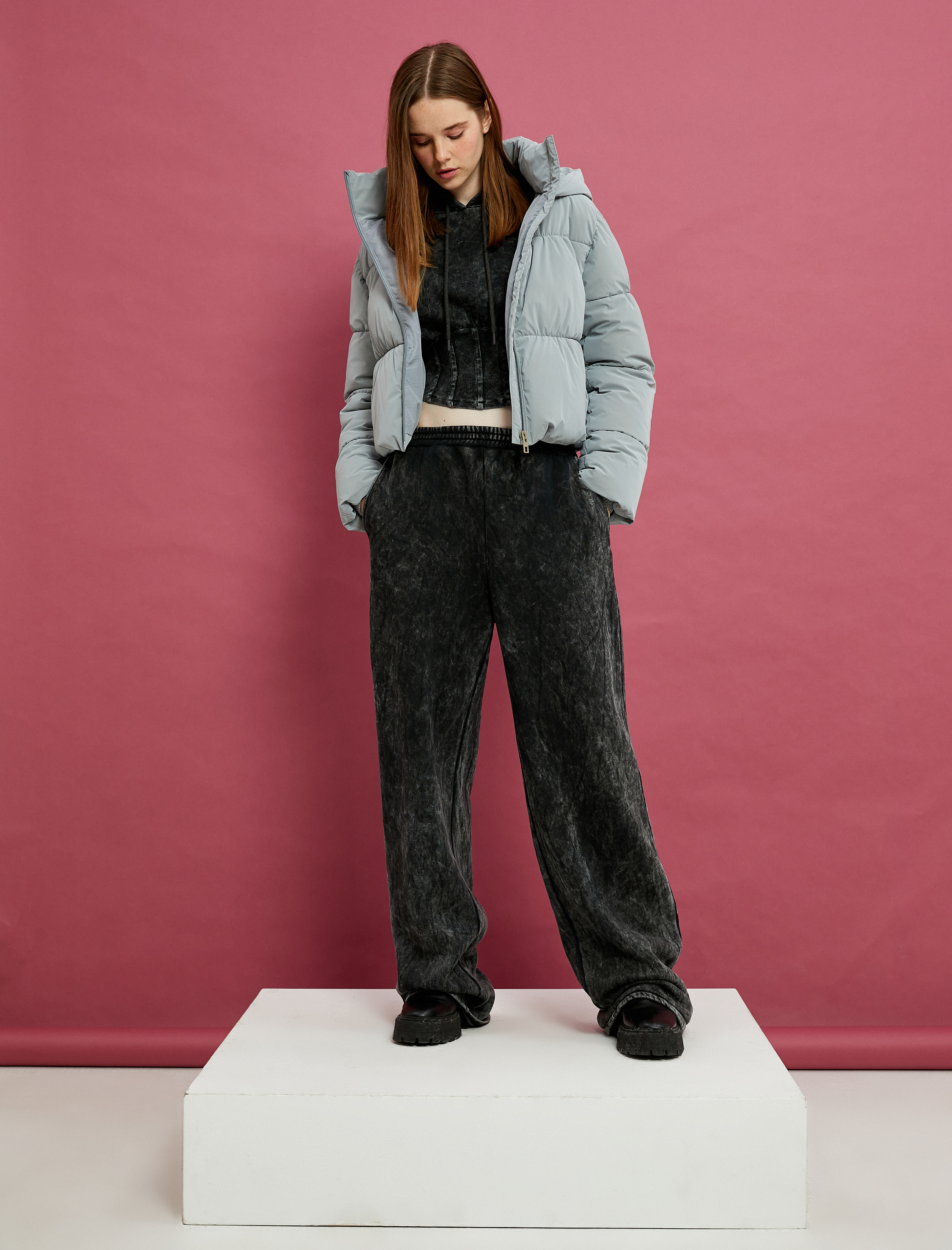   Soluk Efektli Eşofman Altı Düz Bol Paça Cepli Şardonlu