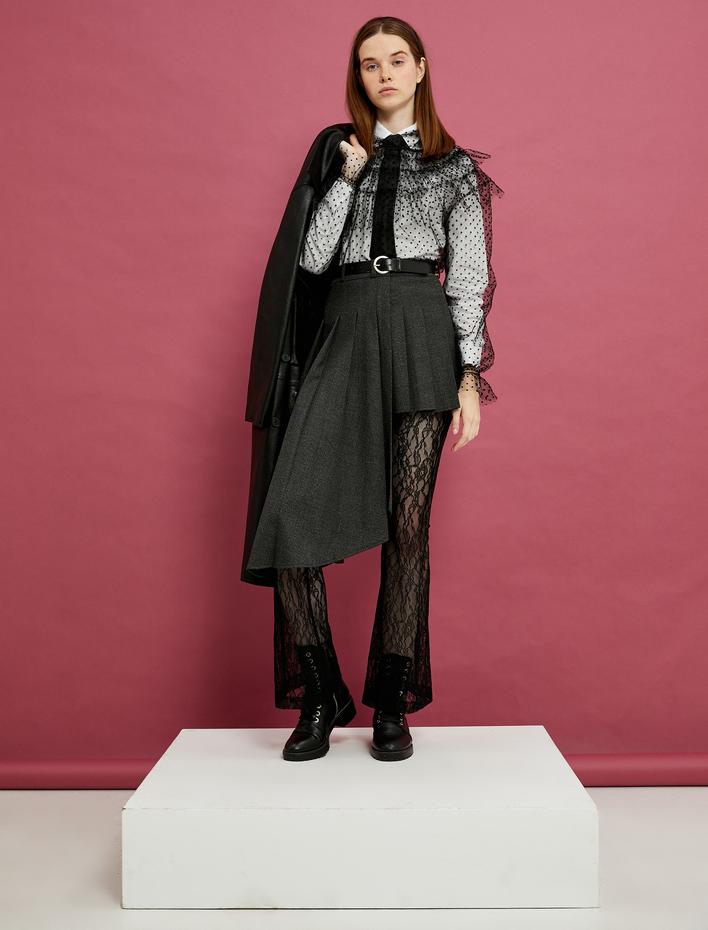  Pileli Asimetrik Kesim Mini Etek Kemer Detaylı