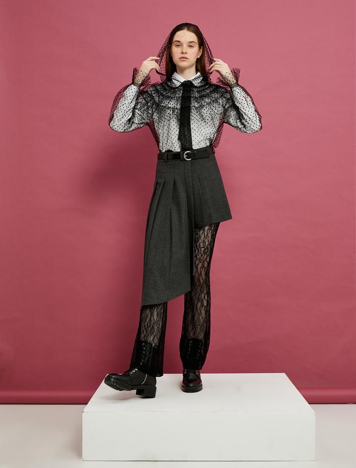  Kapşonlu Tül Transparan Bluz Fırfırlı Uzun Kollu Puantiyeli