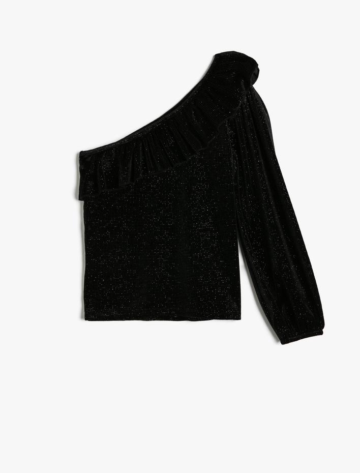 Kız Çocuk Tek Omuz Bluz Sim Detaylı Volanlı Yaka