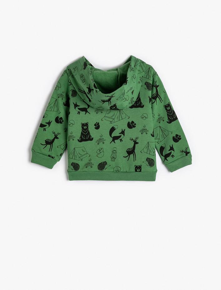 Erkek Bebek Basic Kapşonlu Sweatshirt Fermuarlı Uzun Kollu Baskı Detaylı Şardonlu Pamuklu