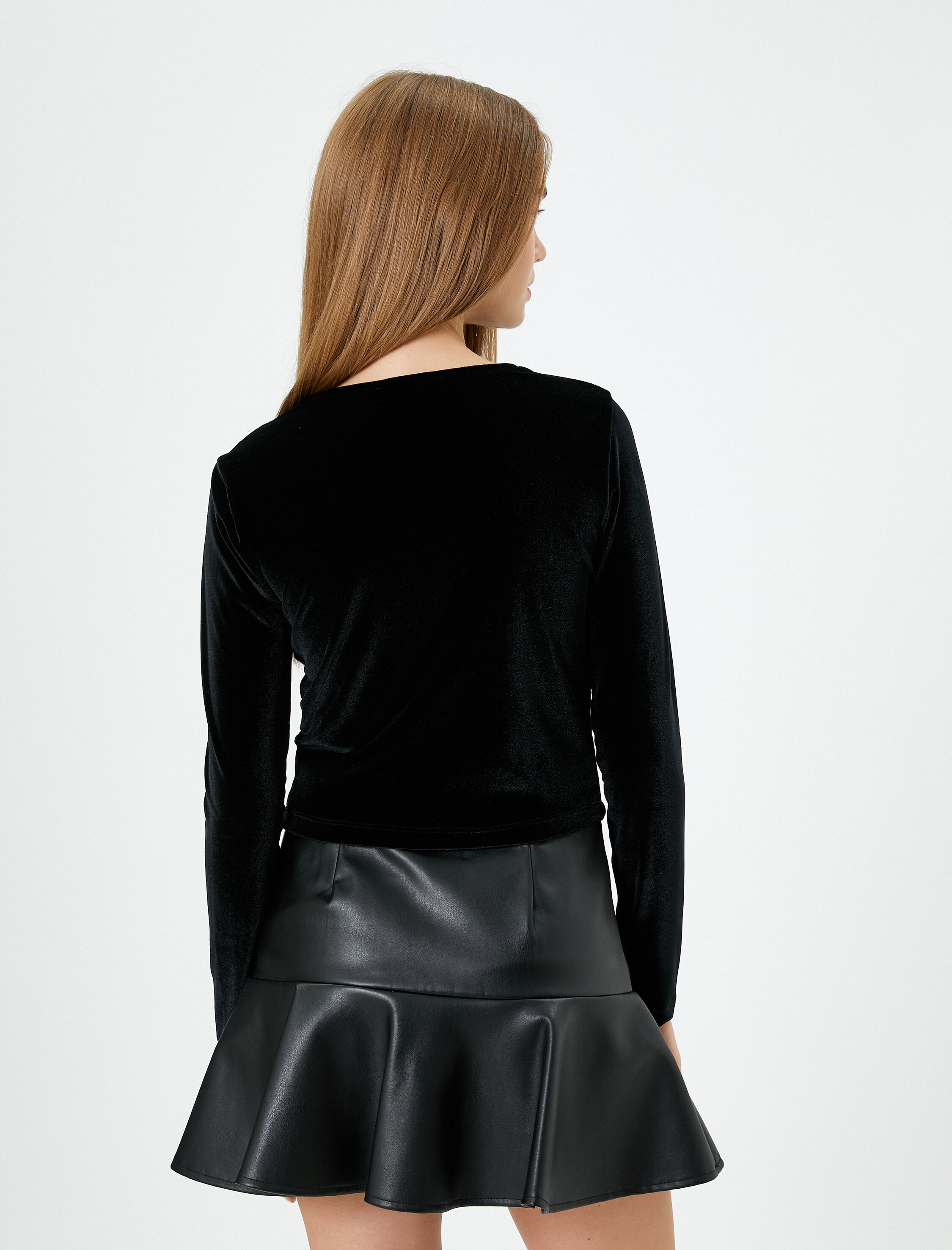   Pencere Detaylı Kadife Tişört Uzun Kollu Dik Yaka