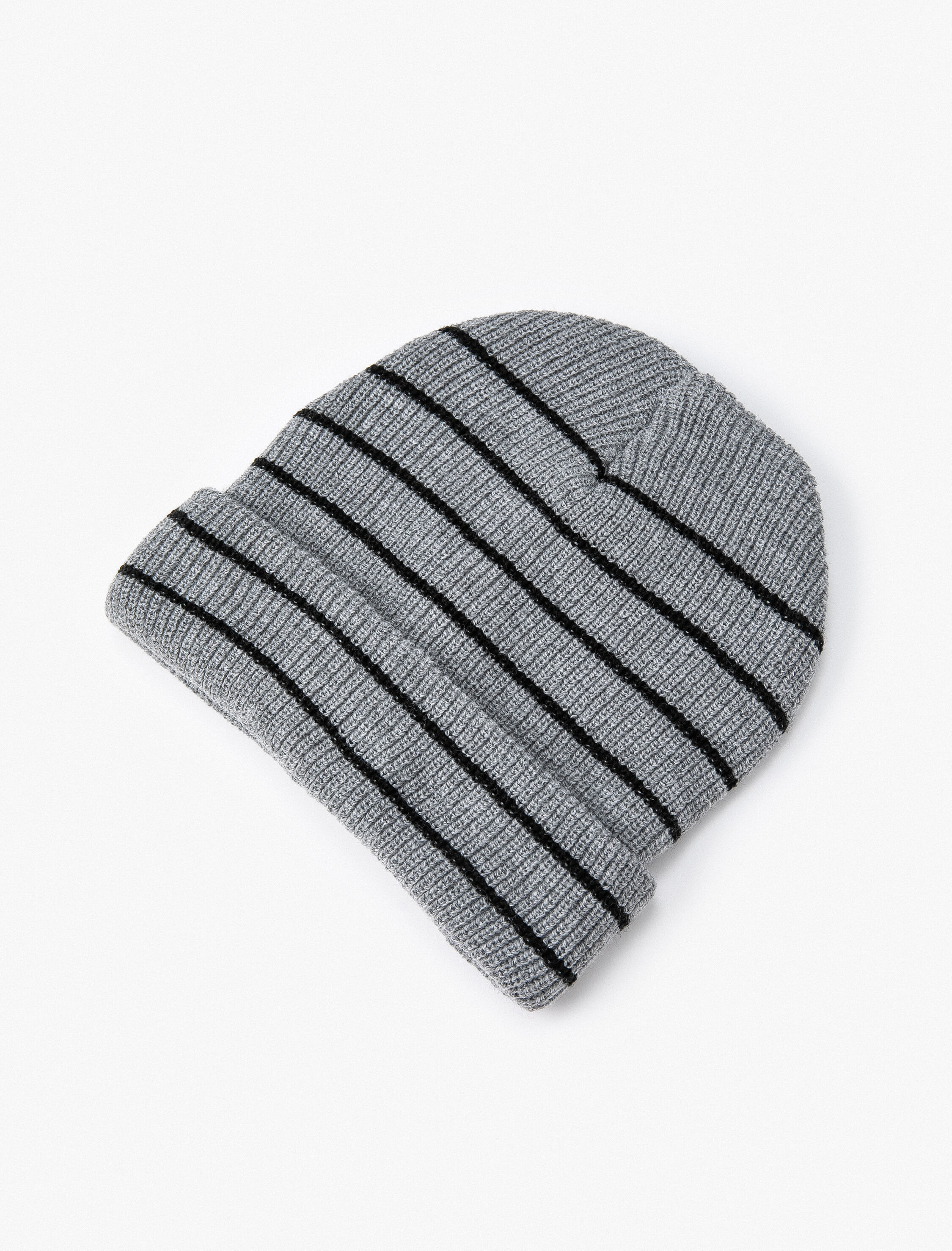 Erkek Örgü Bere Katlamalı Çizgi Desenli