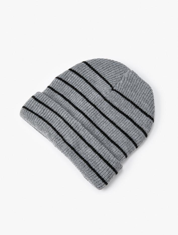 Erkek Örgü Bere Katlamalı Çizgi Desenli