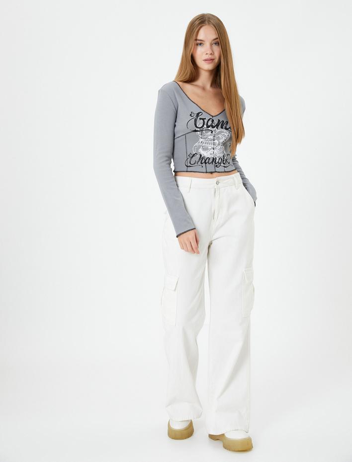  Derin V Yaka Crop Tişört Uzun Kollu Gotik Temalı Baskılı Pamuklu