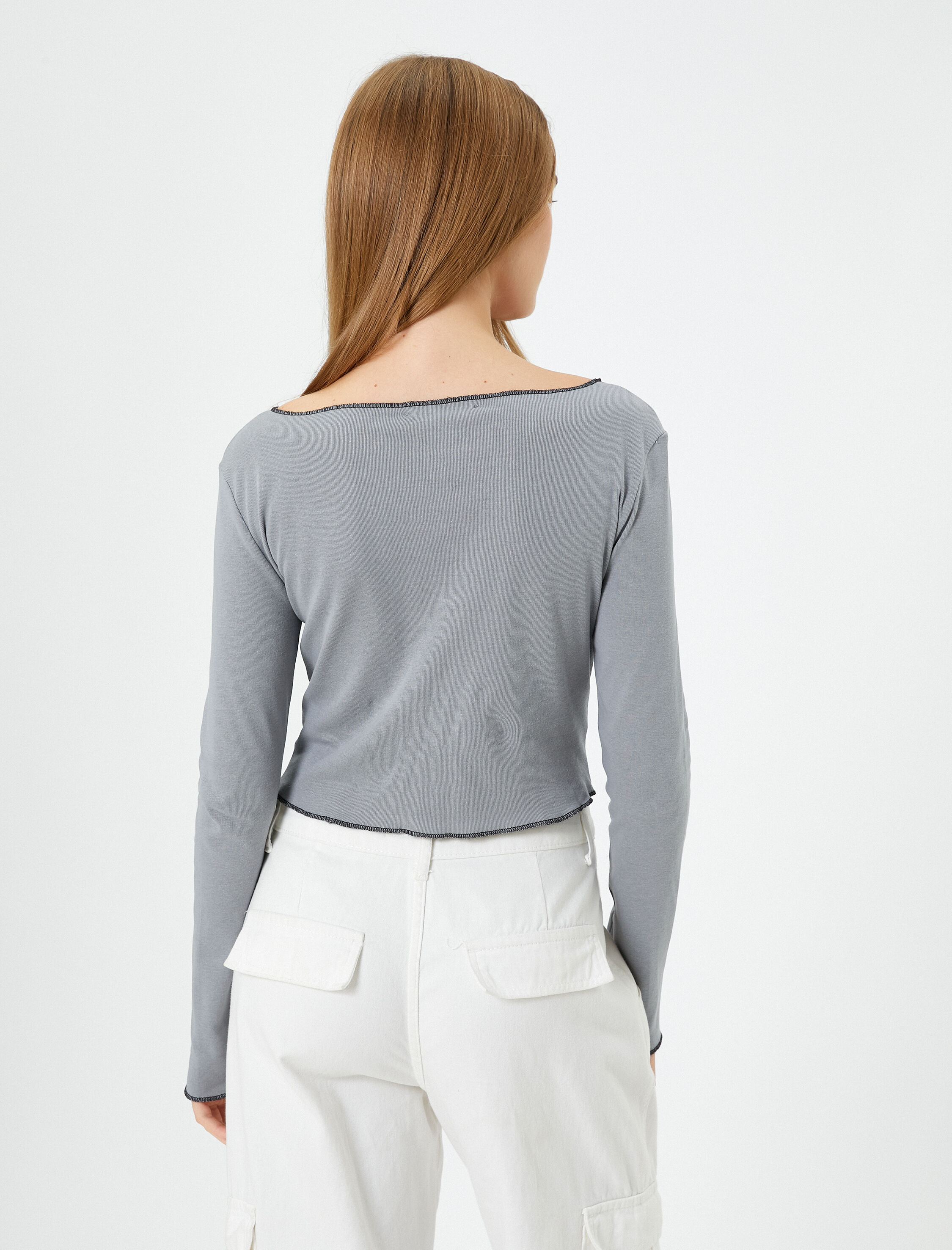   Derin V Yaka Crop Tişört Uzun Kollu Gotik Temalı Baskılı Pamuklu