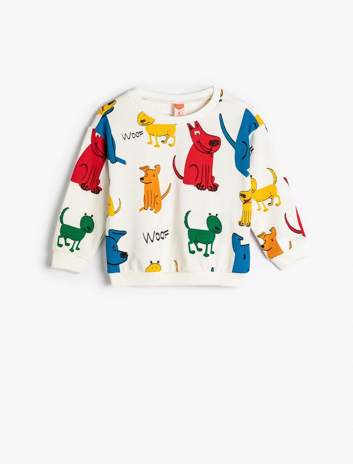 Erkek Bebek Sweatshirt Köpek Baskılı Uzun Kollu Bisiklet Yaka Pamuklu