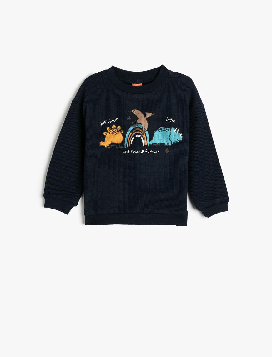  Erkek Bebek Sweatshirt Dinozor Baskılı Bisiklet Yaka Uzun Kollu Dokulu Pamuklu