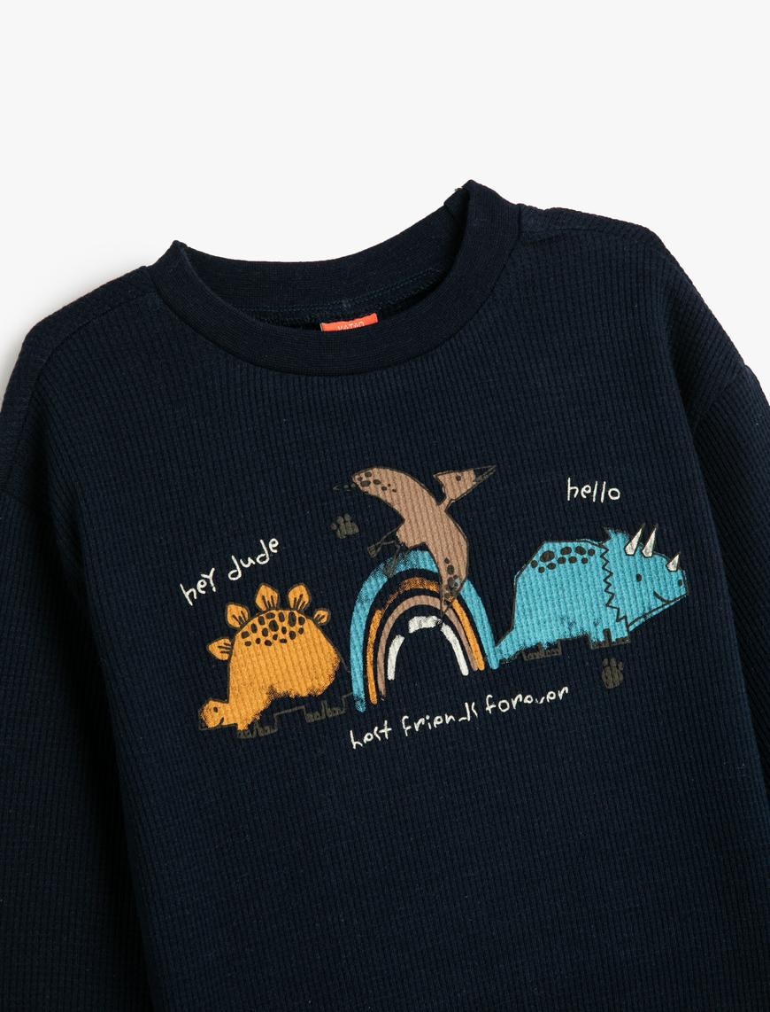  Erkek Bebek Sweatshirt Dinozor Baskılı Bisiklet Yaka Uzun Kollu Dokulu Pamuklu