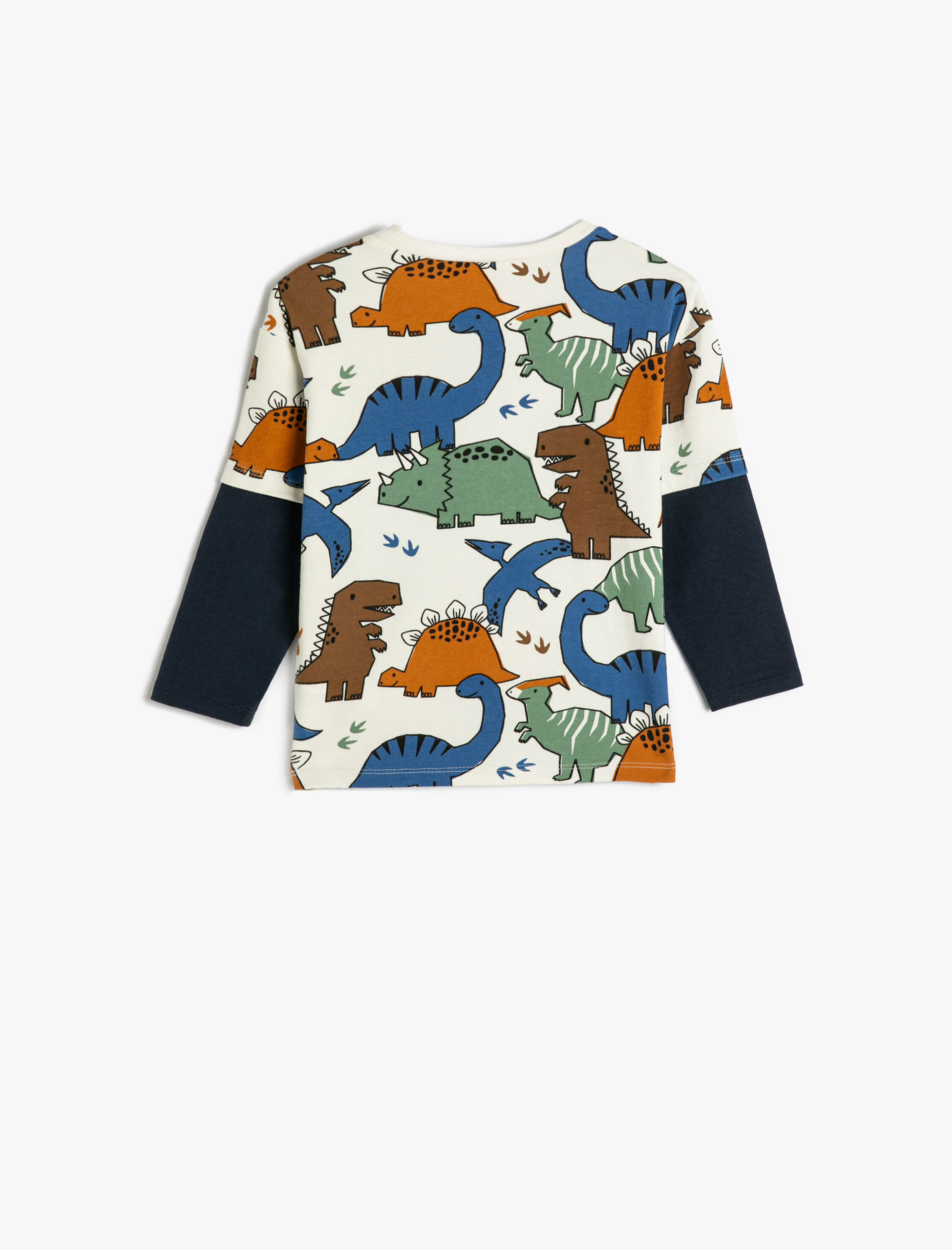  Erkek Bebek Dinozorlu Sweatshirt Bisiklet Yaka Uzun Kollu Renk Bloklu Pamuklu