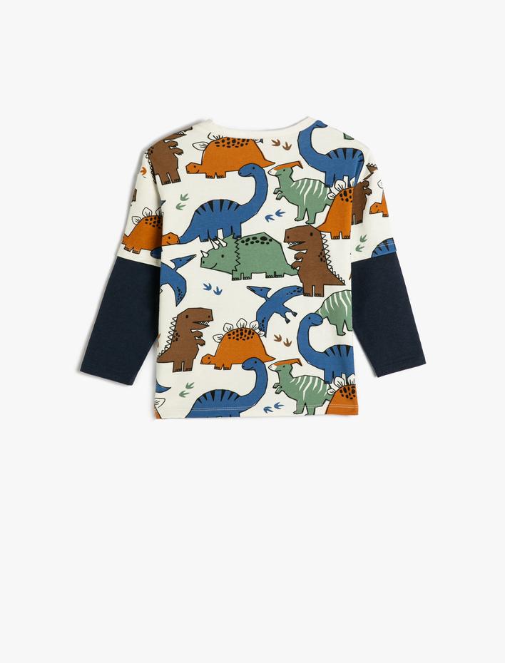 Erkek Bebek Dinozorlu Sweatshirt Bisiklet Yaka Uzun Kollu Renk Bloklu Pamuklu