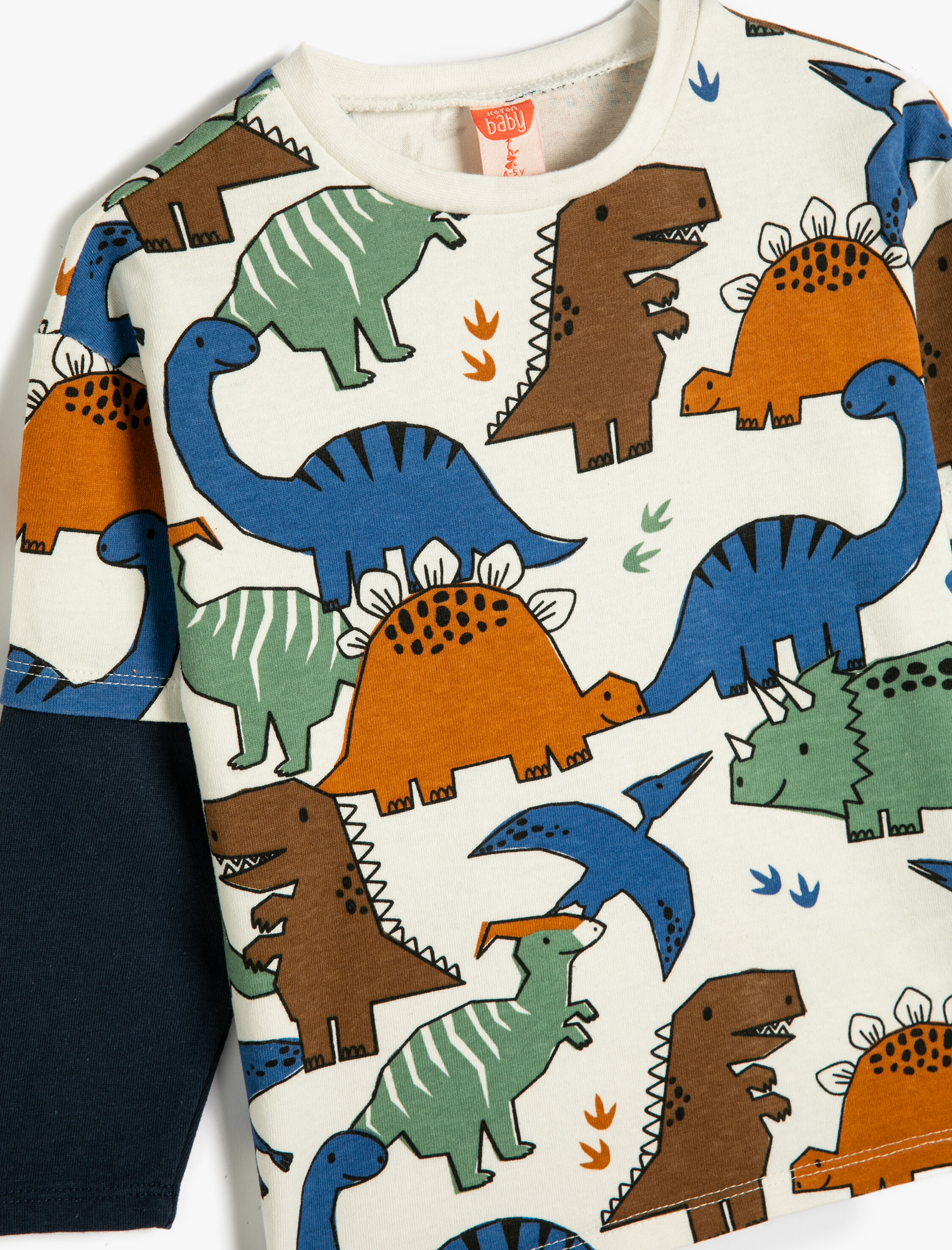  Erkek Bebek Dinozorlu Sweatshirt Bisiklet Yaka Uzun Kollu Renk Bloklu Pamuklu