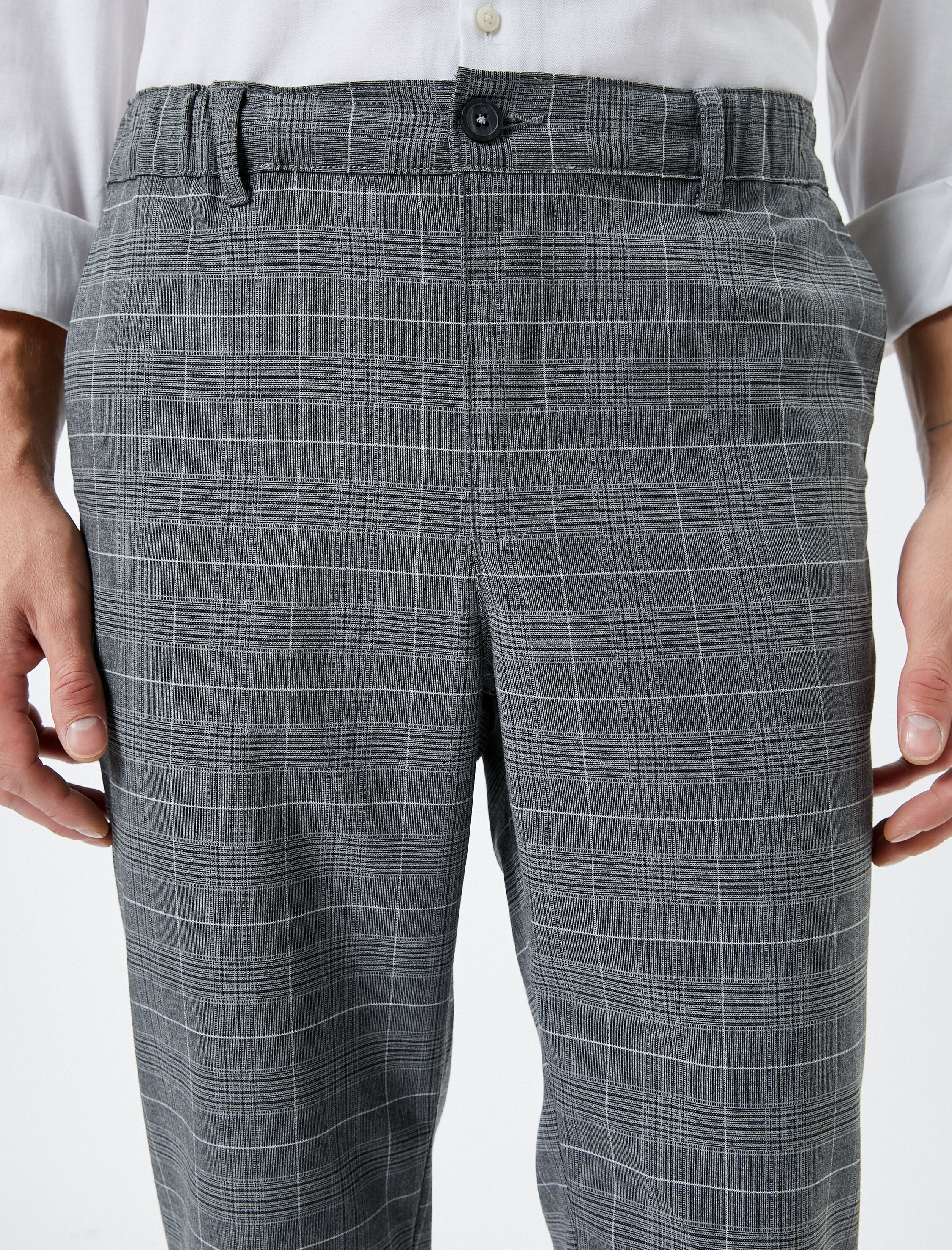   Kumaş Pantolon Ekoseli Beli Lastikli Düğmeli Dar Kesim Cepli